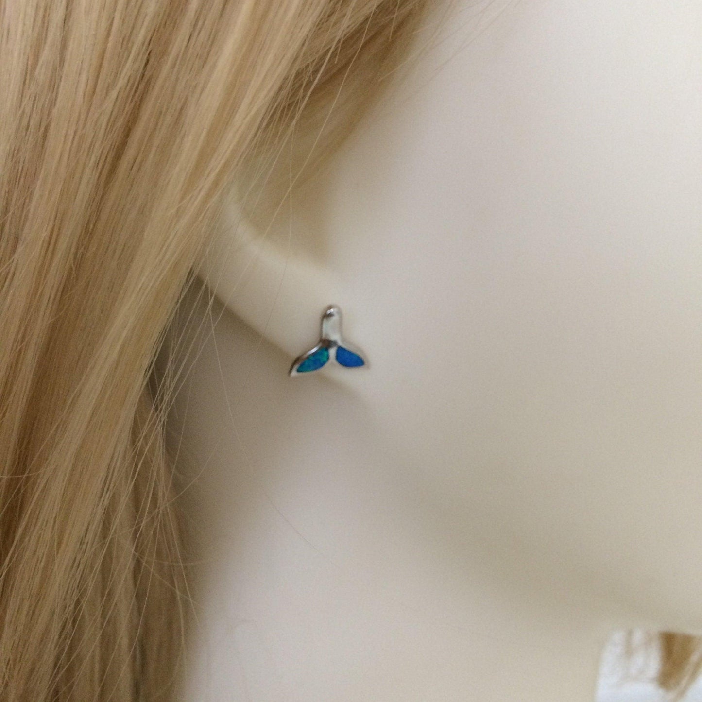 Beautiful Hawaiian Blue Opal Whale Tail Earring, Sterling Silver Blue Opal Whale Tail Stud Earring, E4023 Birthday Mom Girl Mother Gift - Hawaii Treasures Shop