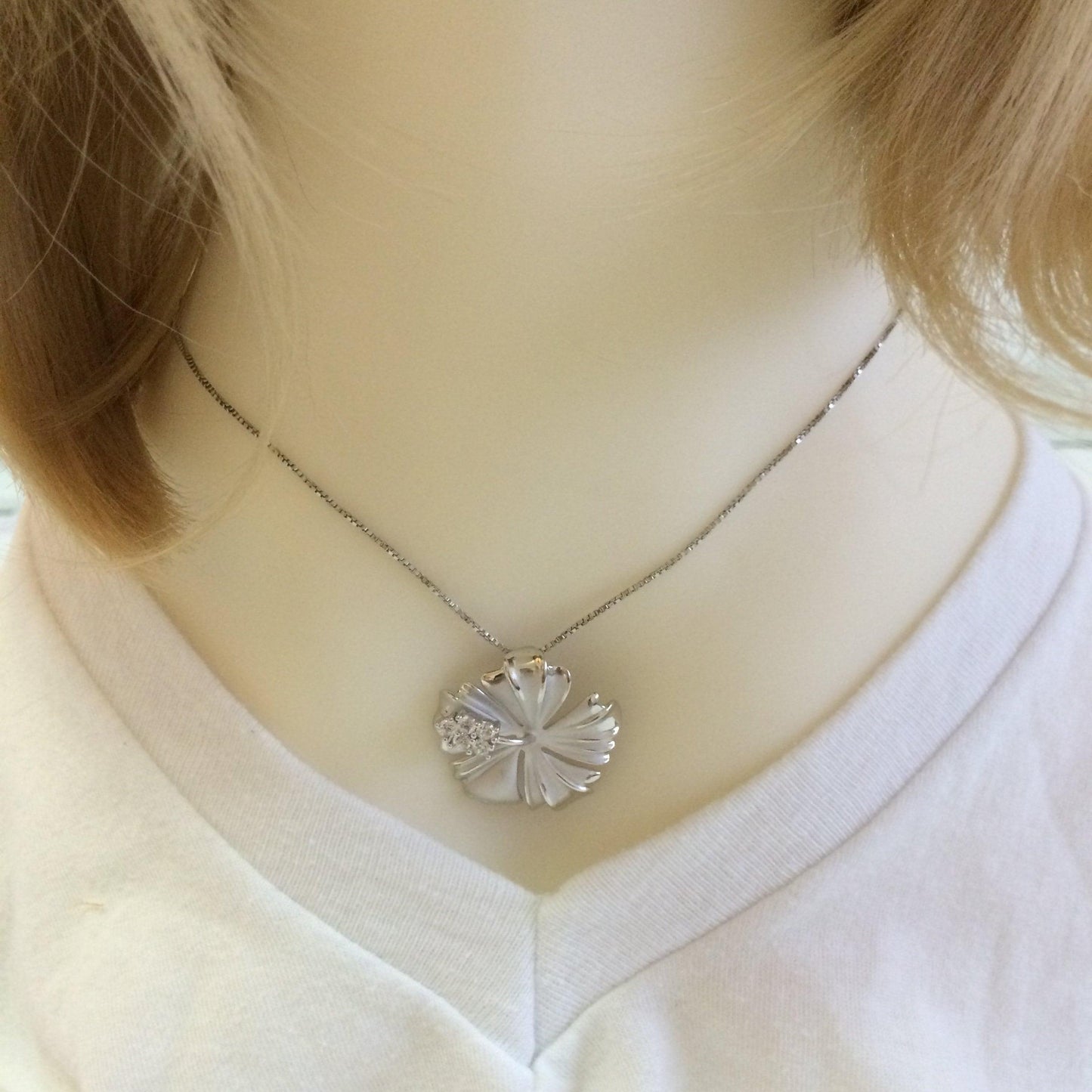 Gorgeous Hawaiian Large Hibiscus Necklace, Official Hawaii State Flower, Sterling Silver Hibiscus CZ Pendant, N6135 Birthday Mother Gift - Hawaii Treasures Shop