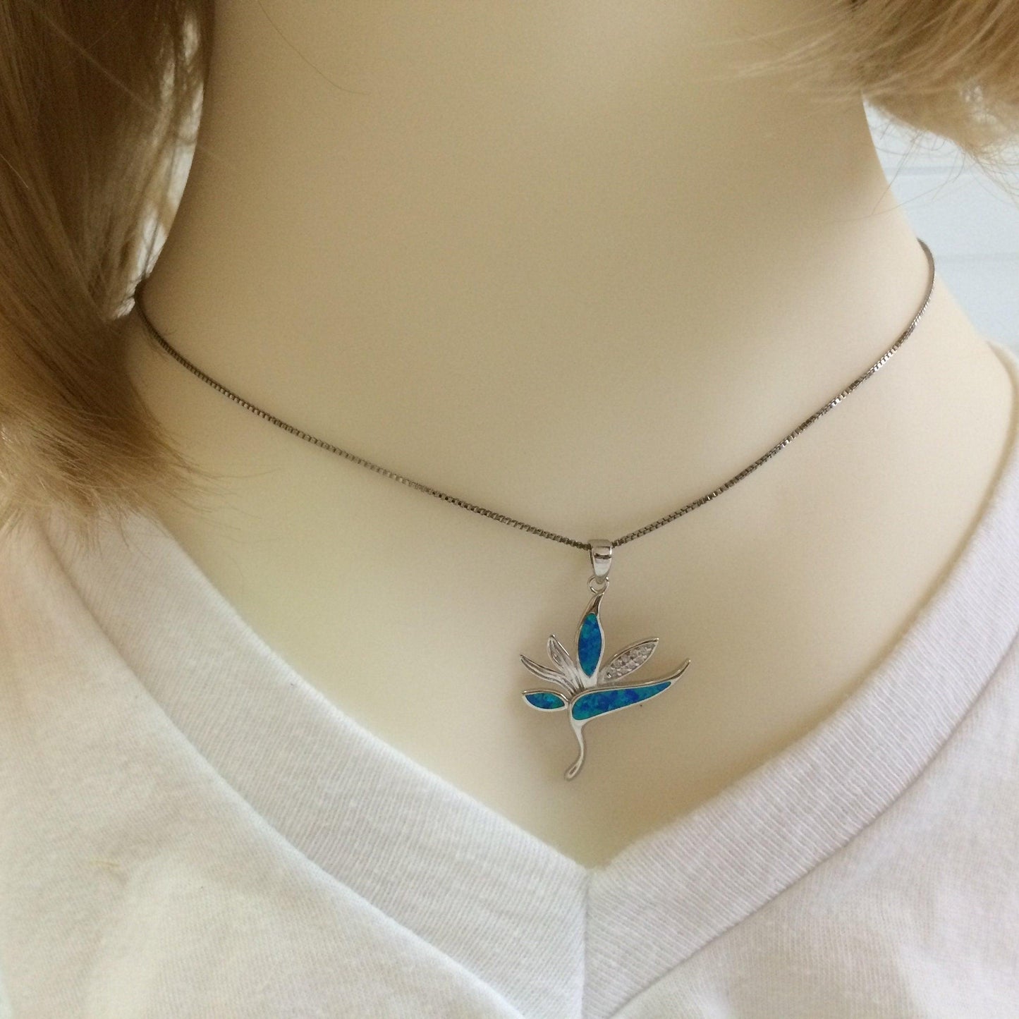 Stunning Hawaiian Blue Opal Bird of Paradise Necklace, Sterling Silver Opal Bird of Paradise CZ Pendant, N6156 Birthday Mother Mom Gift - Hawaii Treasures Shop