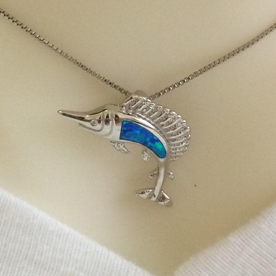 Beautiful Hawaiian Blue Opal Marlin Fish Necklace, Sterling Silver Blue Opal Swordfish Pendant, N6161 Birthday Mother Mom Gift - Hawaii Treasures Shop