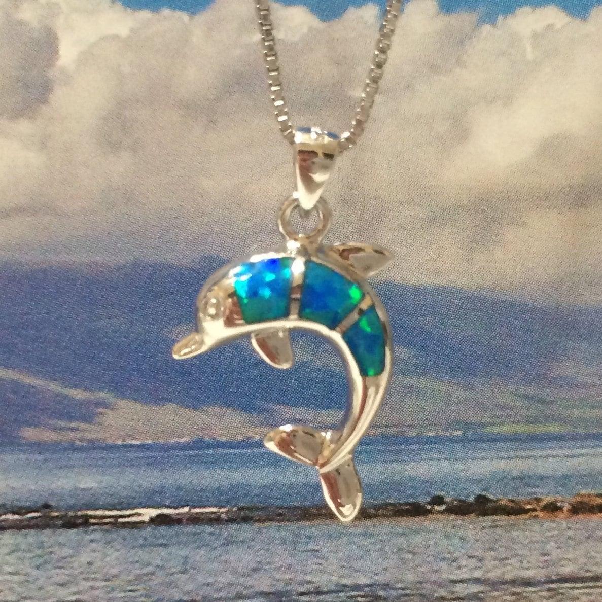 Pretty Hawaiian Blue Opal Dolphin Necklace and Earring, Sterling Silver Blue Opal Dolphin Pendant, N2025S Birthday Mother Mom Girl Gift - Hawaii Treasures Shop