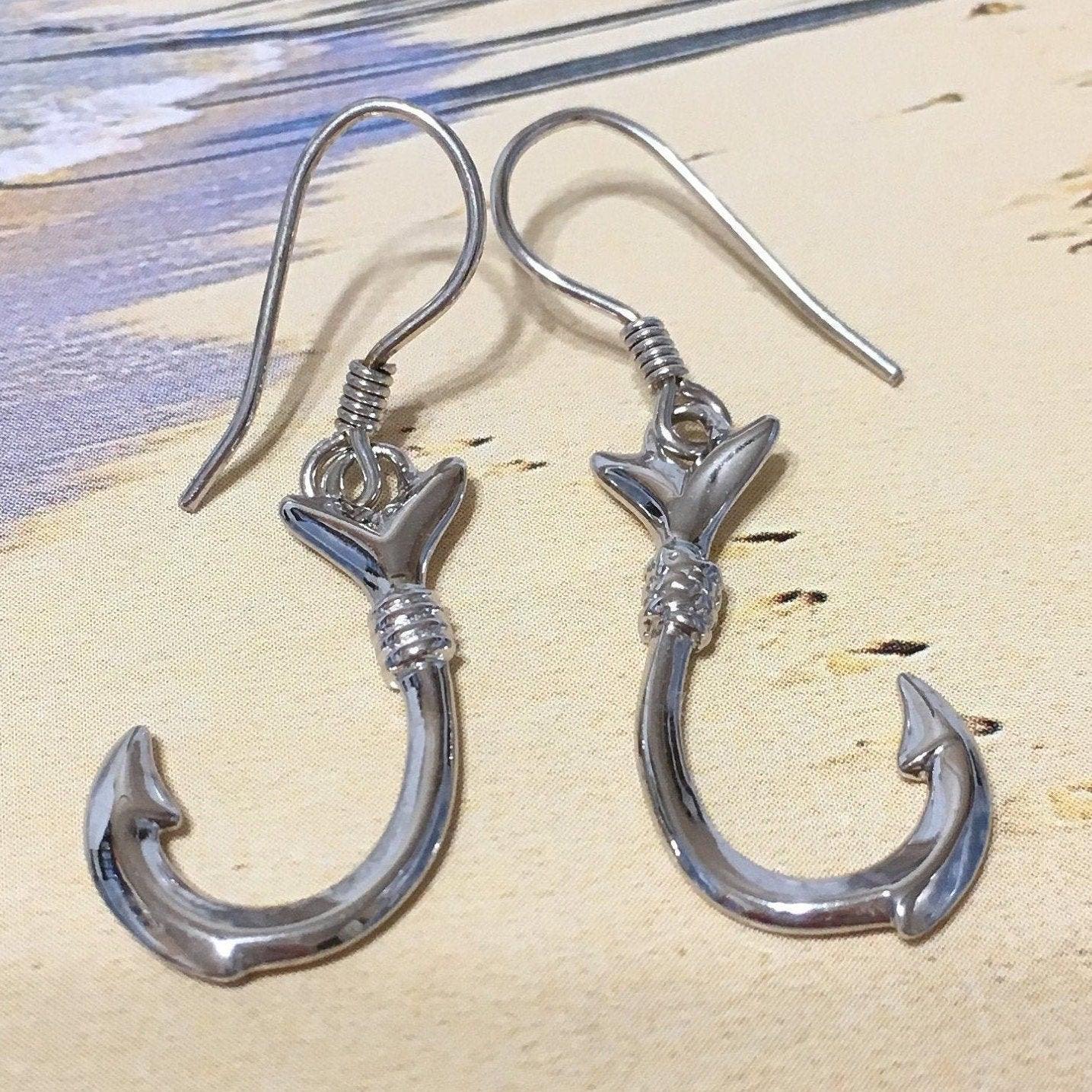 Unique Hawaiian Large 3D Fish Hook Earring, Sterling Silver Fish Hook Dangle Earring, E4140A Mother Birthday Anniversary Wife Mom Gift - Hawaii Treasures Shop