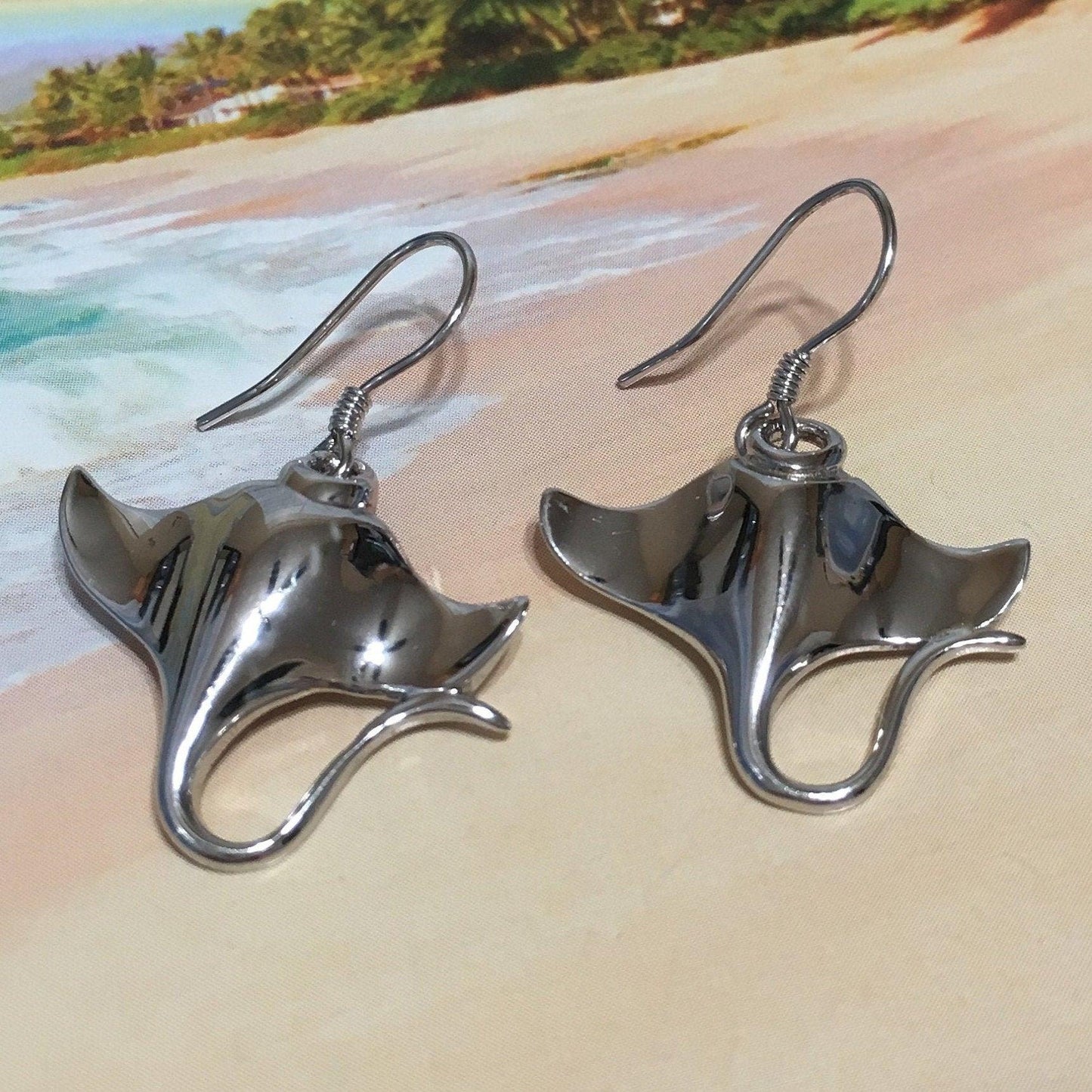 Unique Hawaiian Large Manta Ray Earring, Sterling Silver Manta Ray Dangle Earring, E9389 Birthday Wife Mom Mother Gift, Island Jewelry - Hawaii Treasures Shop