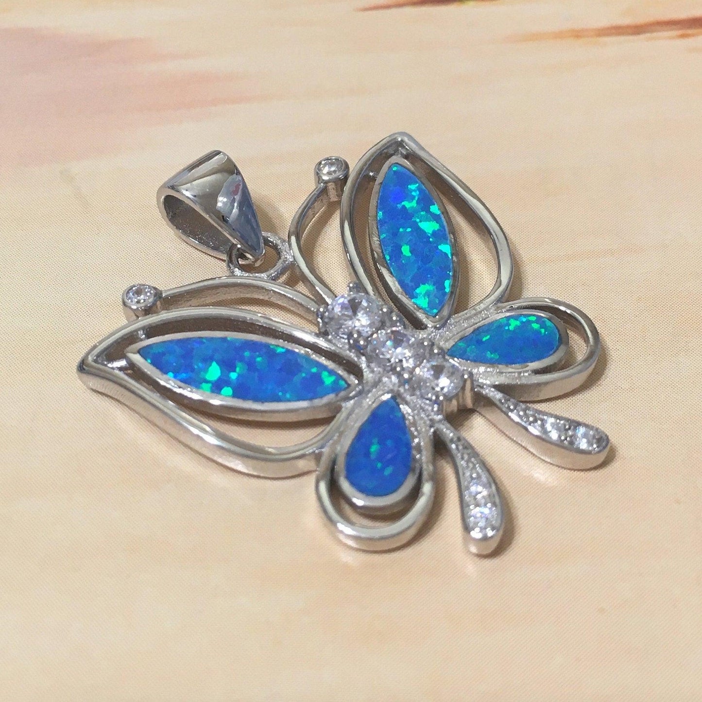 Gorgeous Hawaiian Large Blue Opal Butterfly Earring and Necklace, Sterling Silver Blue Opal Butterfly CZ Pendant N6148 Birthday Mom Gift - Hawaii Treasures Shop