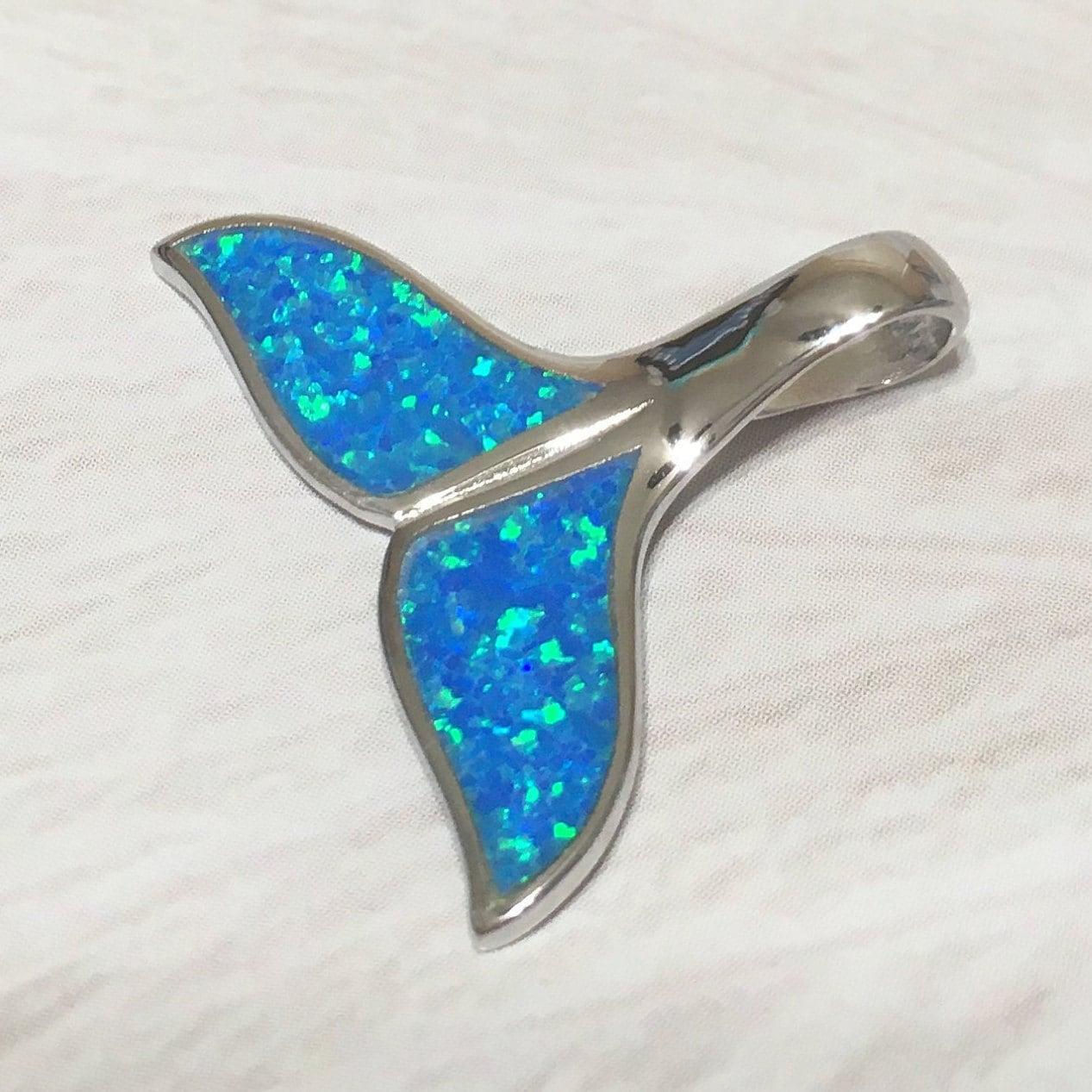 Beautiful Hawaiian Blue Opal Whale Tail Earring and Necklace, Sterling Silver Opal Whale Tail Pendant, N6017S Birthday Mother Mom Gift - Hawaii Treasures Shop
