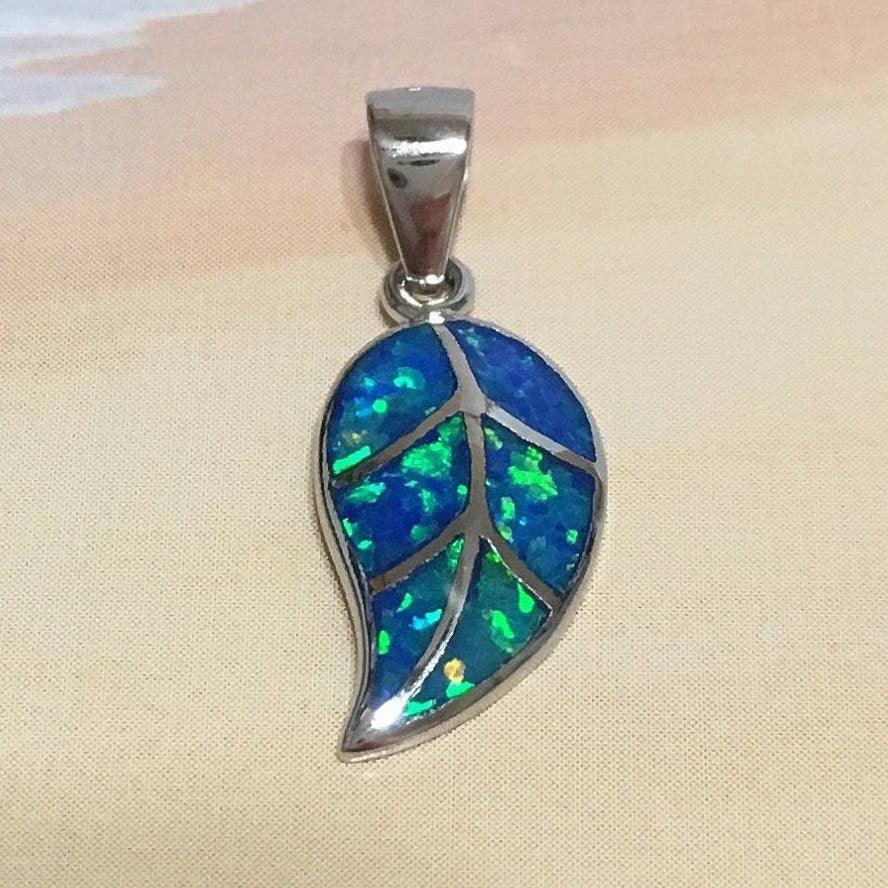 Unique Beautiful Hawaiian Blue Opal Maile Leaf Necklace, Sterling Silver Blue Opal Maile Leaf Pendant, N2256 Birthday Mom Mother Gift - Hawaii Treasures Shop