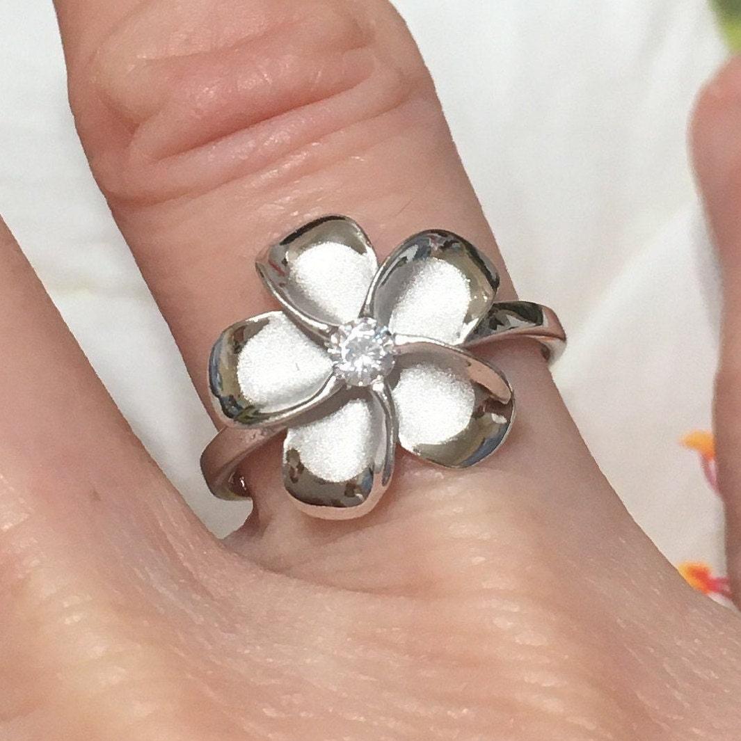 Beautiful Hawaiian Plumeria Ring, Sterling Silver Plumeria CZ Ring, R1059 Birthday Anniversary Mom Wife Girlfriend Mother Gift - Hawaii Treasures Shop
