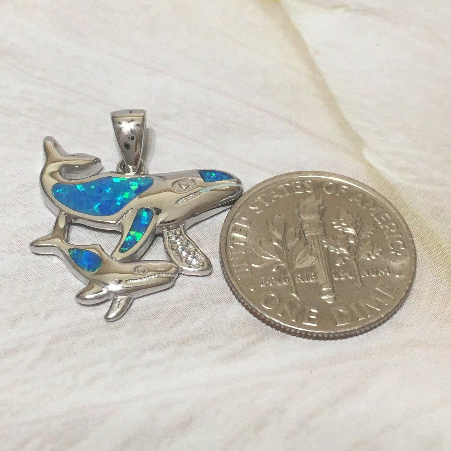 Beautiful Hawaiian Mom & Baby Humpback Whale Necklace and Earring, Sterling Silver Blue Opal Whale Pendant N6151S1 Birthday Mother Mom Gift - Hawaii Treasures Shop
