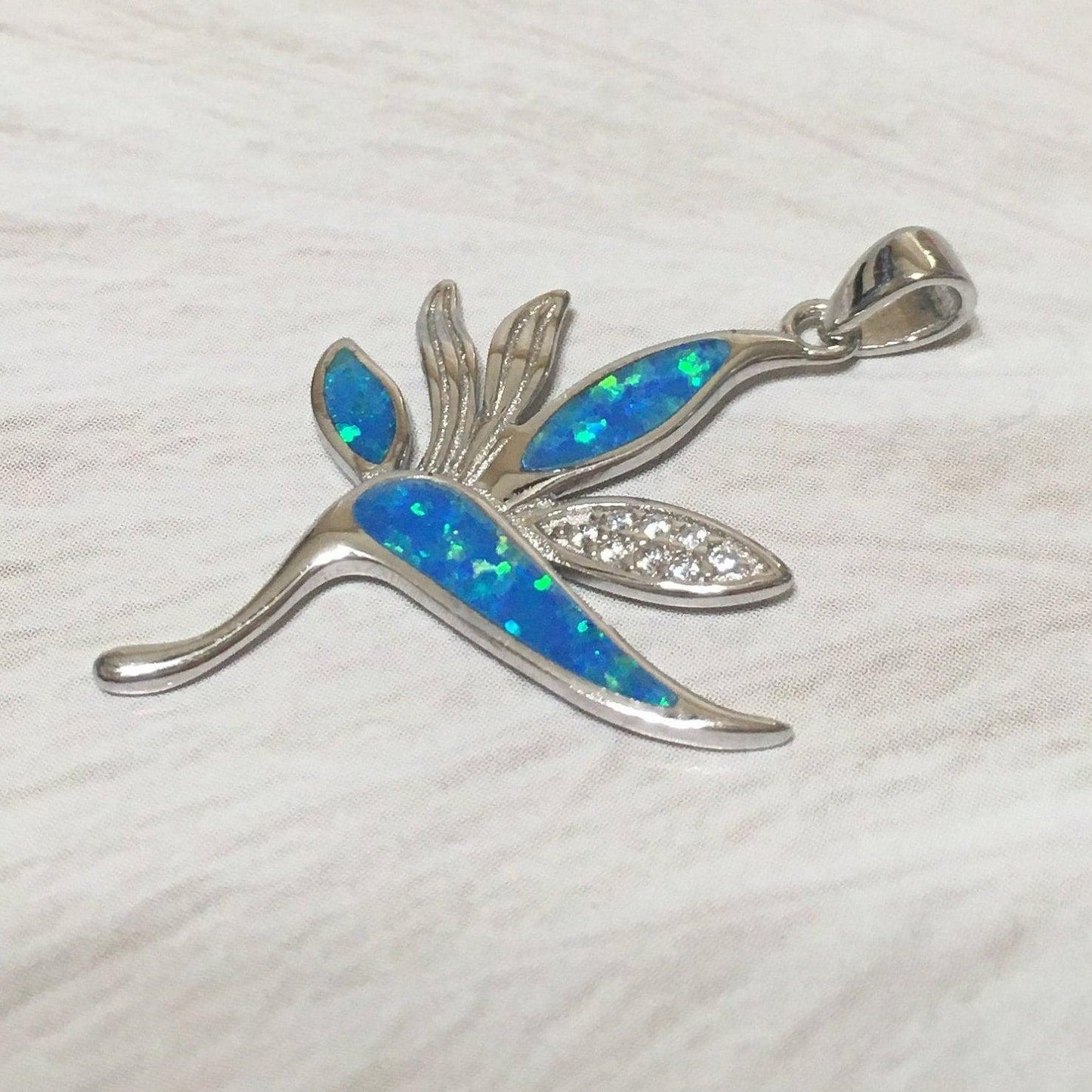 Stunning Hawaiian Bird of Paradise Necklace and Earring, Sterling Silver Blue Opal Bird of Paradise CZ Pendant, N6156S Birthday Mom Gift - Hawaii Treasures Shop