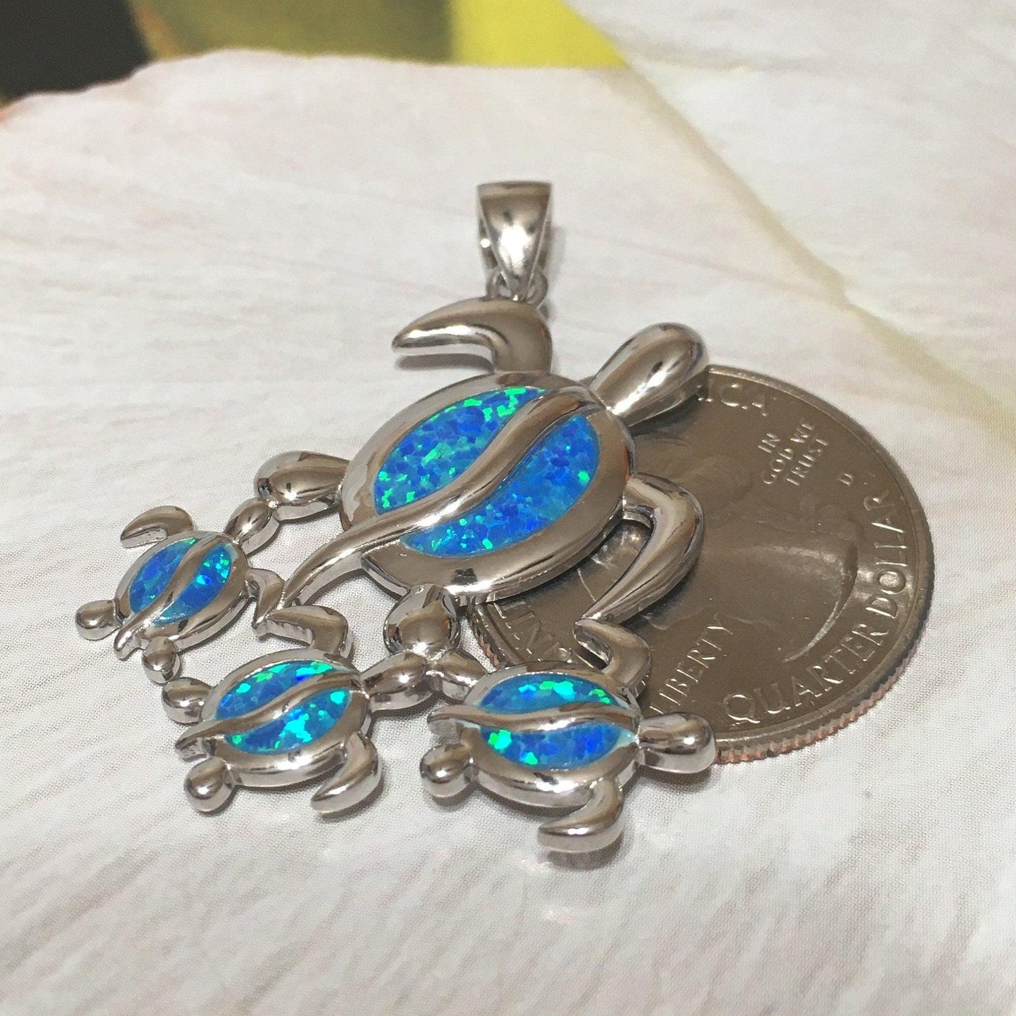 Gorgeous X-Large Mom & 3 Baby Sea Turtle Necklace, Sterling Silver Hawaiian Blue Opal Turtle Family Pendant, N6172 Birthday Valentine Gift - Hawaii Treasures Shop