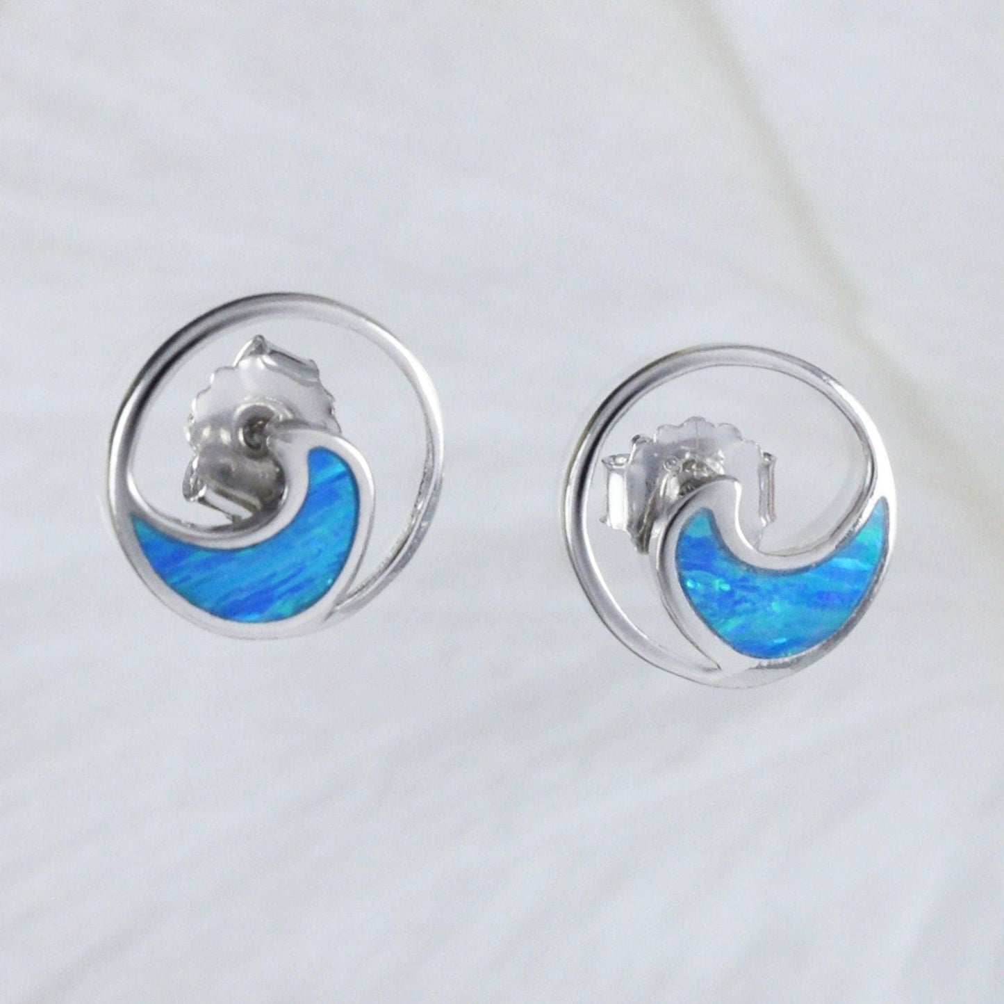 Unique Beautiful Hawaiian Blue Opal Ocean Wave Earring, Sterling Silver Blue Opal Wave Stud Earring, E8413 Mother Birthday Mom Gift - Hawaii Treasures Shop