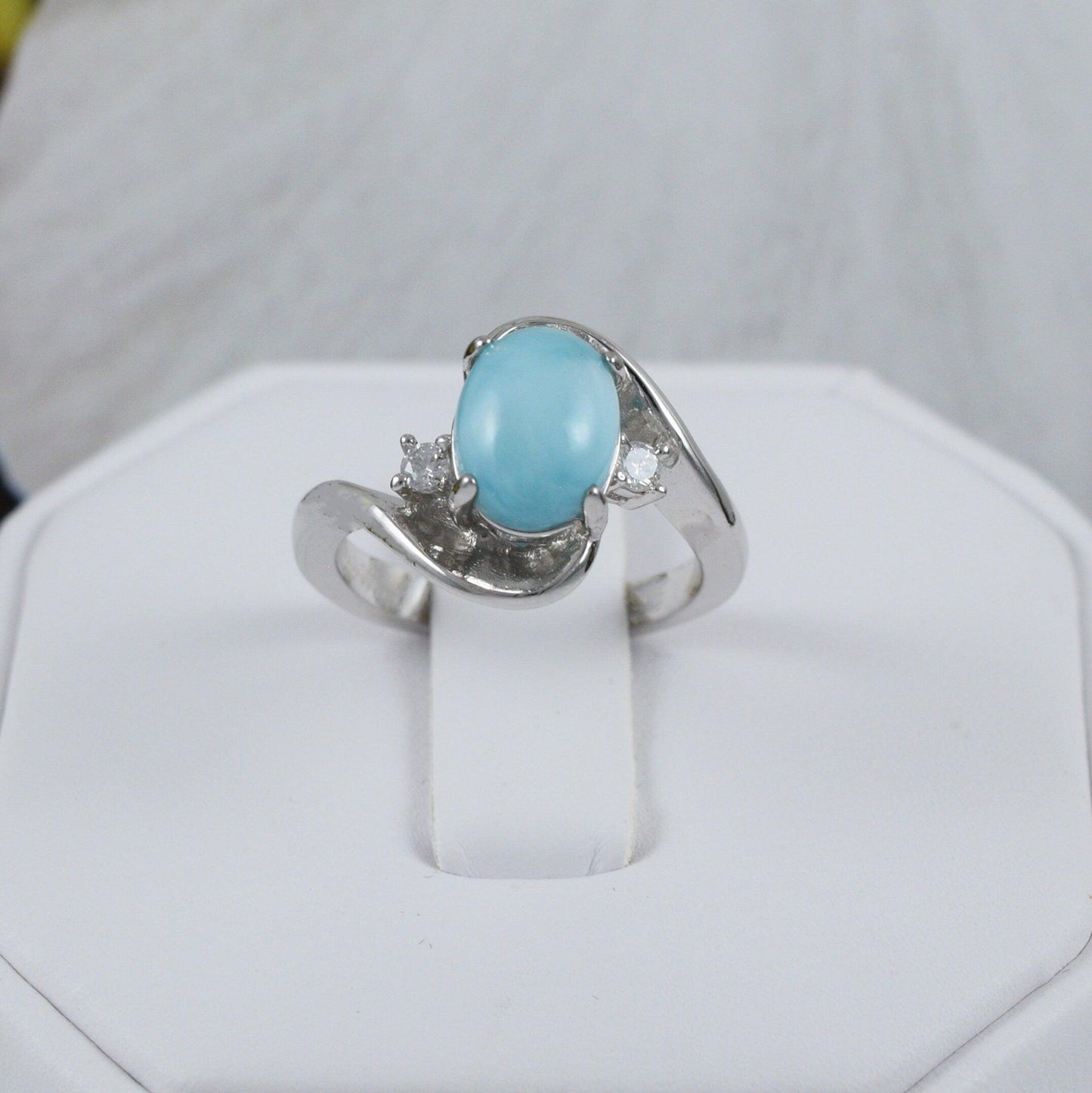 Gorgeous Hawaiian Genuine Larimar Ring, Sterling Silver Natural Larimar CZ Ring, R2386 Birthday Mom Wife Mother Anniversary Gift - Hawaii Treasures Shop