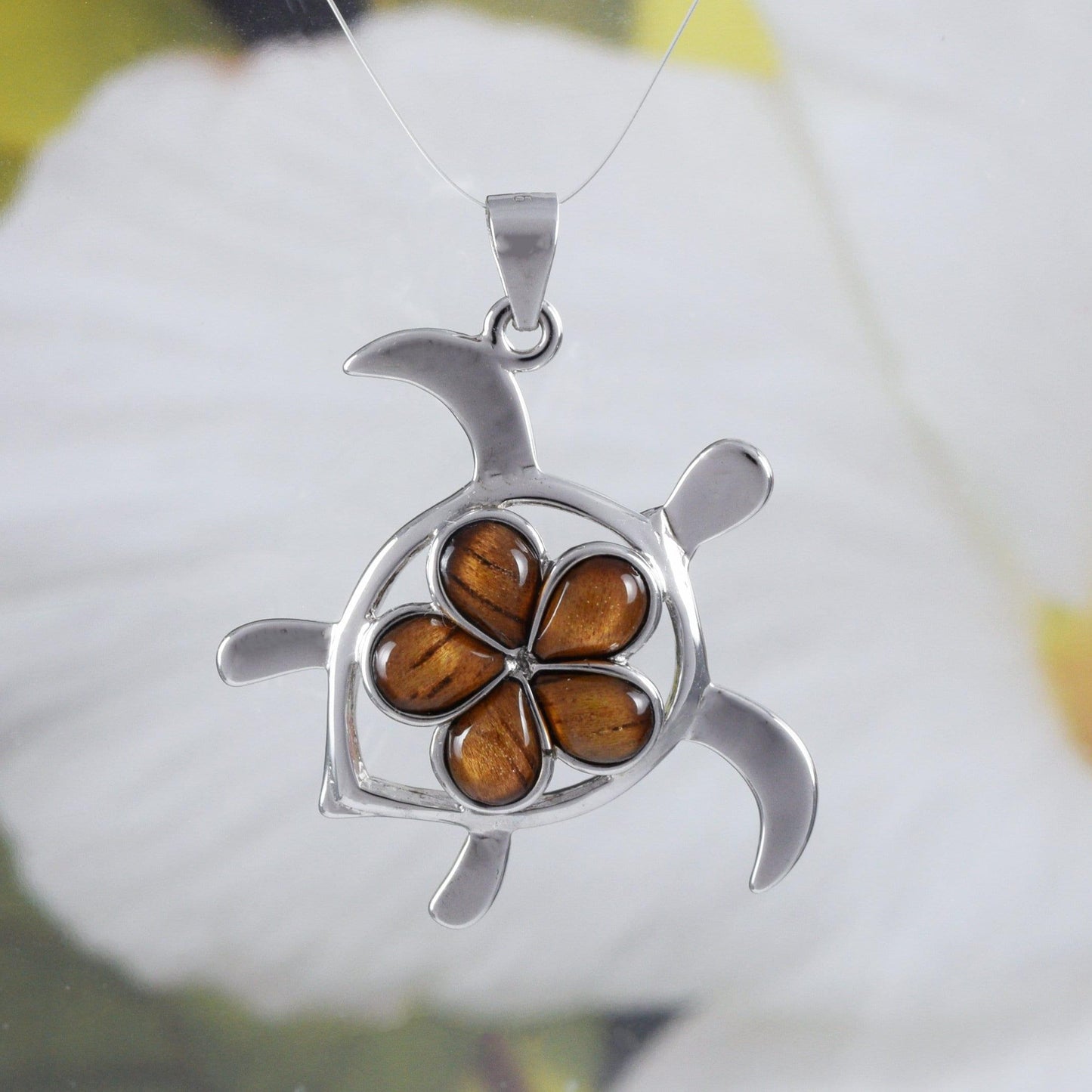 Beautiful Hawaiian Large Genuine Koa Wood Sea Turtle Necklace, Sterling Silver Koa Wood Plumeria Turtle Pendant, N8506 Birthday Mom Gift - Hawaii Treasures Shop