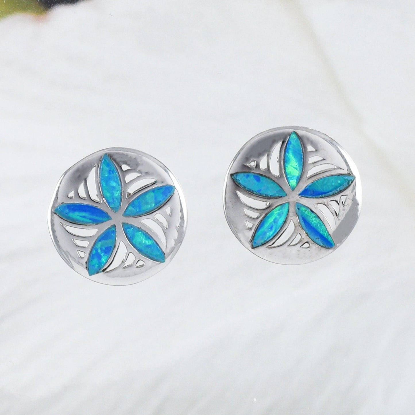 Unique Exquisite Hawaiian Blue Opal Sand Dollar Earring, Sterling Silver Opal Sand Dollar Stud Earring, E8409 Mother Birthday Mom Gift - Hawaii Treasures Shop