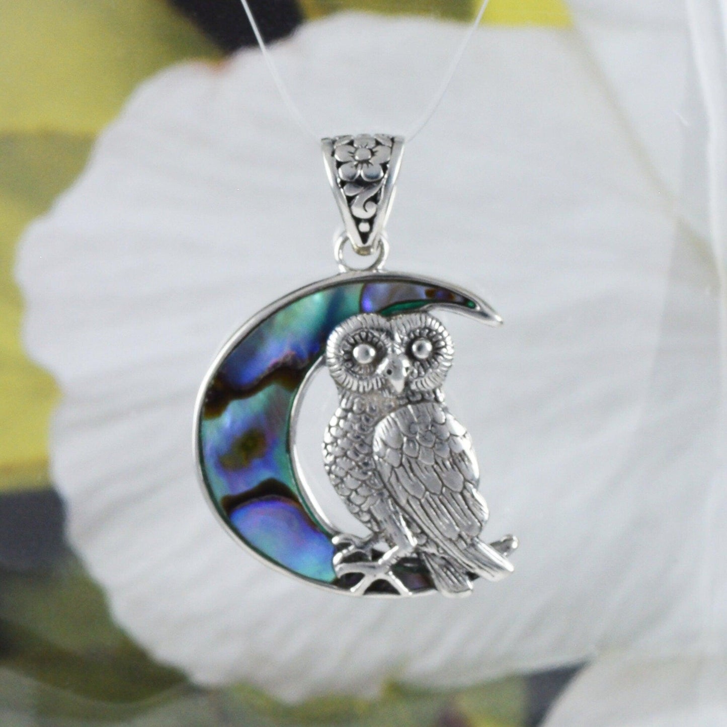 Unique Hawaiian Genuine Paua Shell Owl Necklace, Sterling Silver Owl Sitting on Moon Pendant, N8631 Birthday Mom Mother Gift - Hawaii Treasures Shop