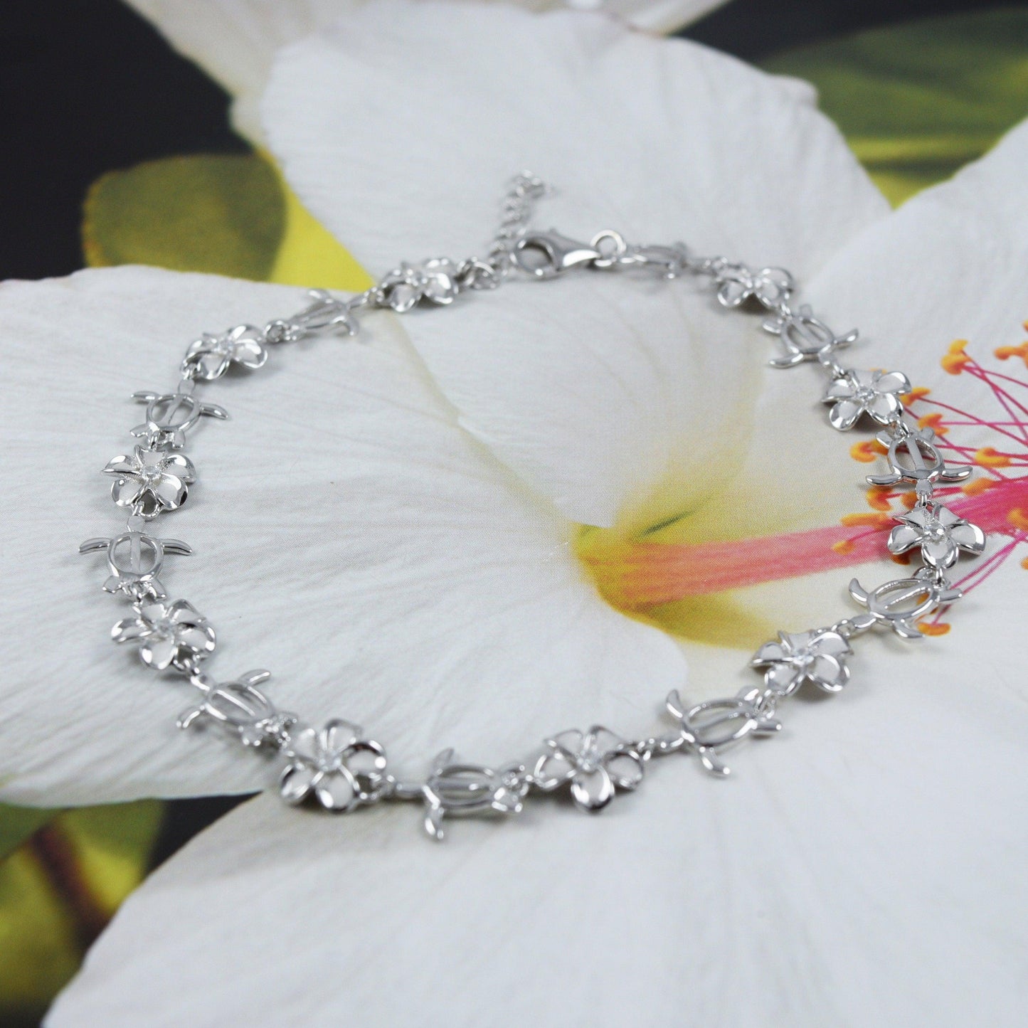 Beautiful Hawaiian Sea Turtle Plumeria Bracelet, Sterling Silver Turtle Plumeria CZ Charm Bracelet, B3311 Birthday Mother Gift - Hawaii Treasures Shop