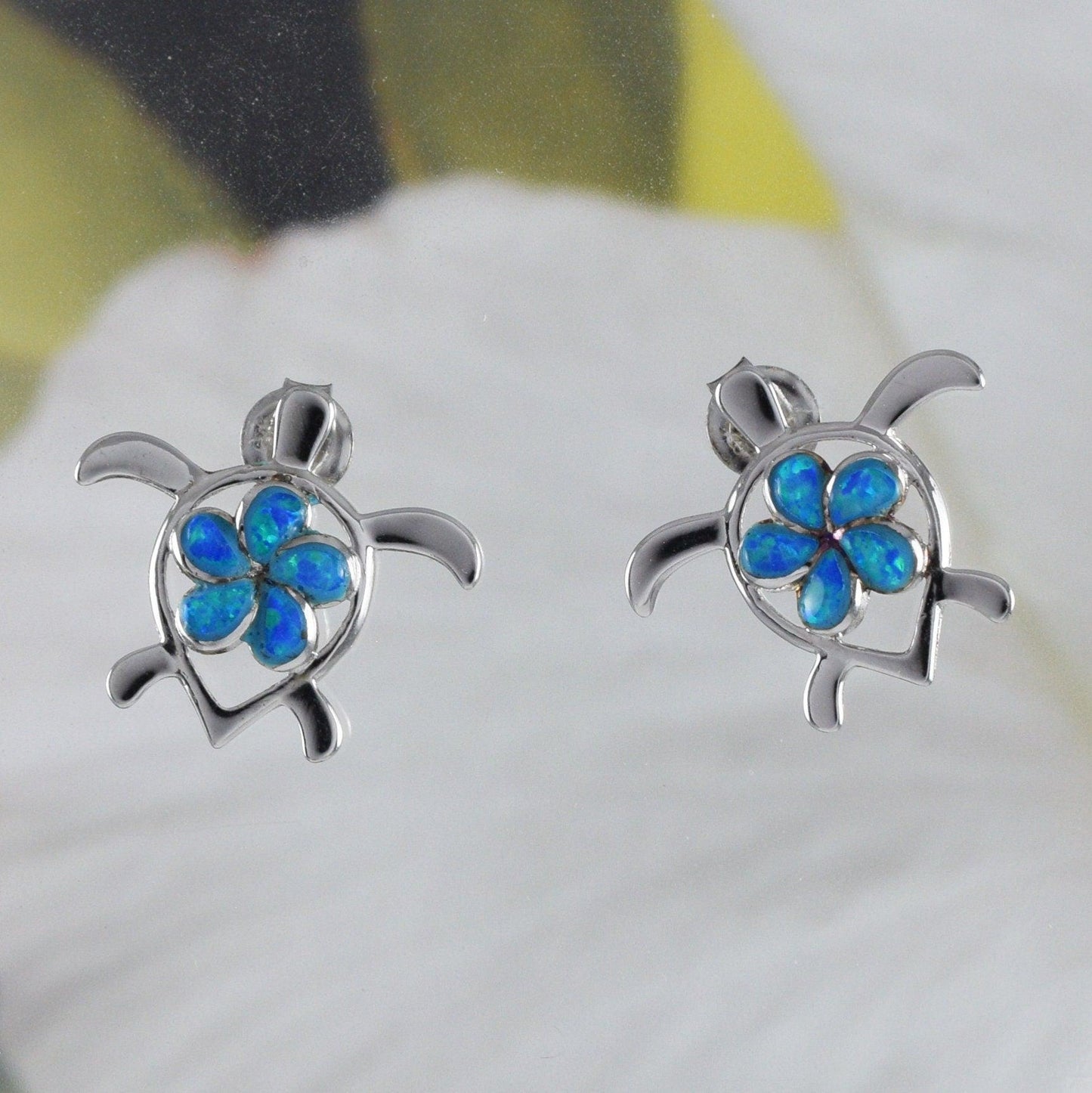 Beautiful Hawaiian Large Plumeria Sea Turtle Earring, Sterling Silver Blue Opal Plumeria Turtle Stud Earring, E8901 Birthday Mother Gift - Hawaii Treasures Shop