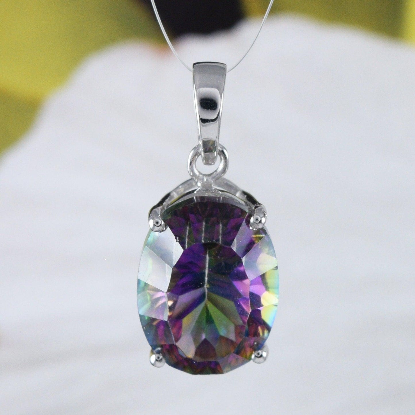 Beautiful Hawaiian Genuine Rainbow Mystic Topaz Oval Cut Necklace, Sterling Silver Rainbow Topaz Pendant N8994 Birthday Anniversary Mom Gift - Hawaii Treasures Shop