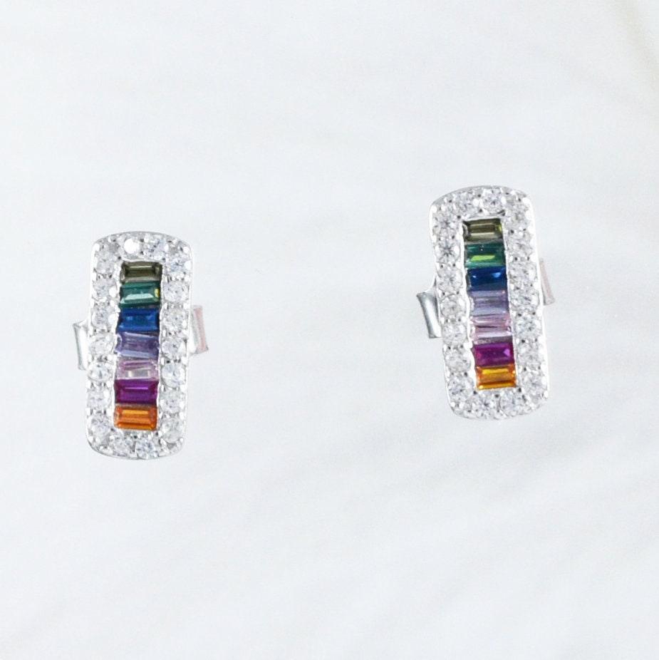 Beautiful Hawaiian Rainbow Stone Bar Earring, Sterling Silver Multi-Color Stone Stud Earring, E9023 Birthday Mother Mom Gift - Hawaii Treasures Shop
