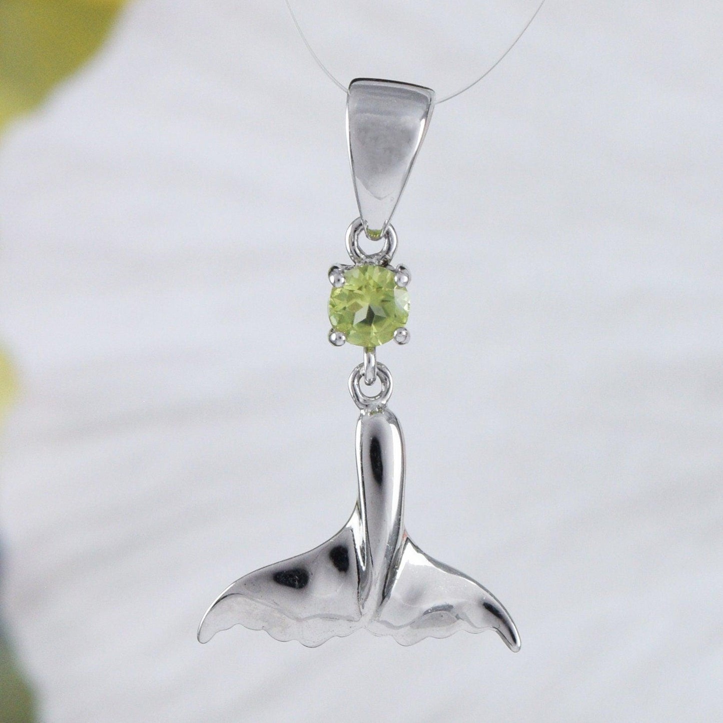 Beautiful Hawaiian Genuine Peridot Whale Tail Necklace, Sterling Silver Whale Tail Pendant, N9149 Birthday Valentine Wife Mom Gift - Hawaii Treasures Shop