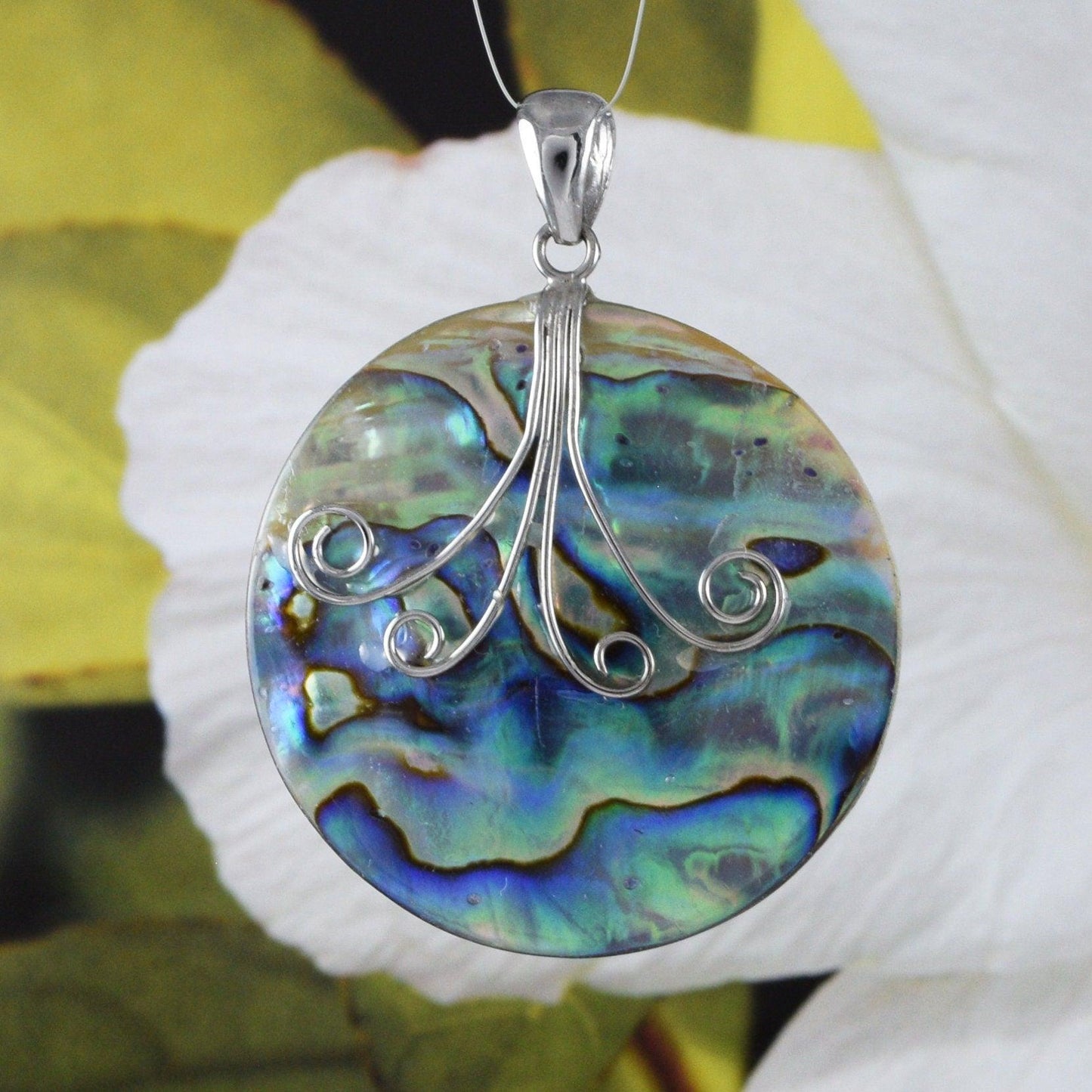 Stunning Hawaiian X-Large Genuine Paua Shell Ocean Wave Necklace, Sterling Silver Abalone MOP Wave Pendant N8986 Birthday Mom Mother Gift - Hawaii Treasures Shop