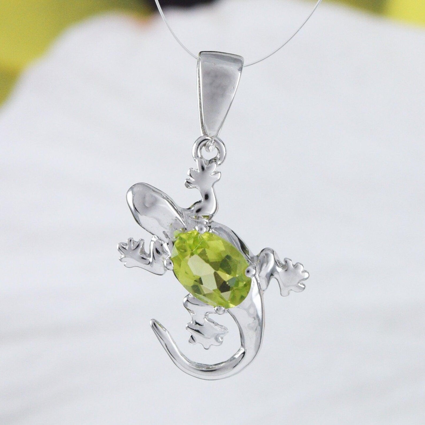Beautiful Hawaiian Genuine Peridot Gecko Necklace, Sterling Silver Gecko Pendant, N9155 Birthday Mother Mom Gift, Island Jewelry - Hawaii Treasures Shop