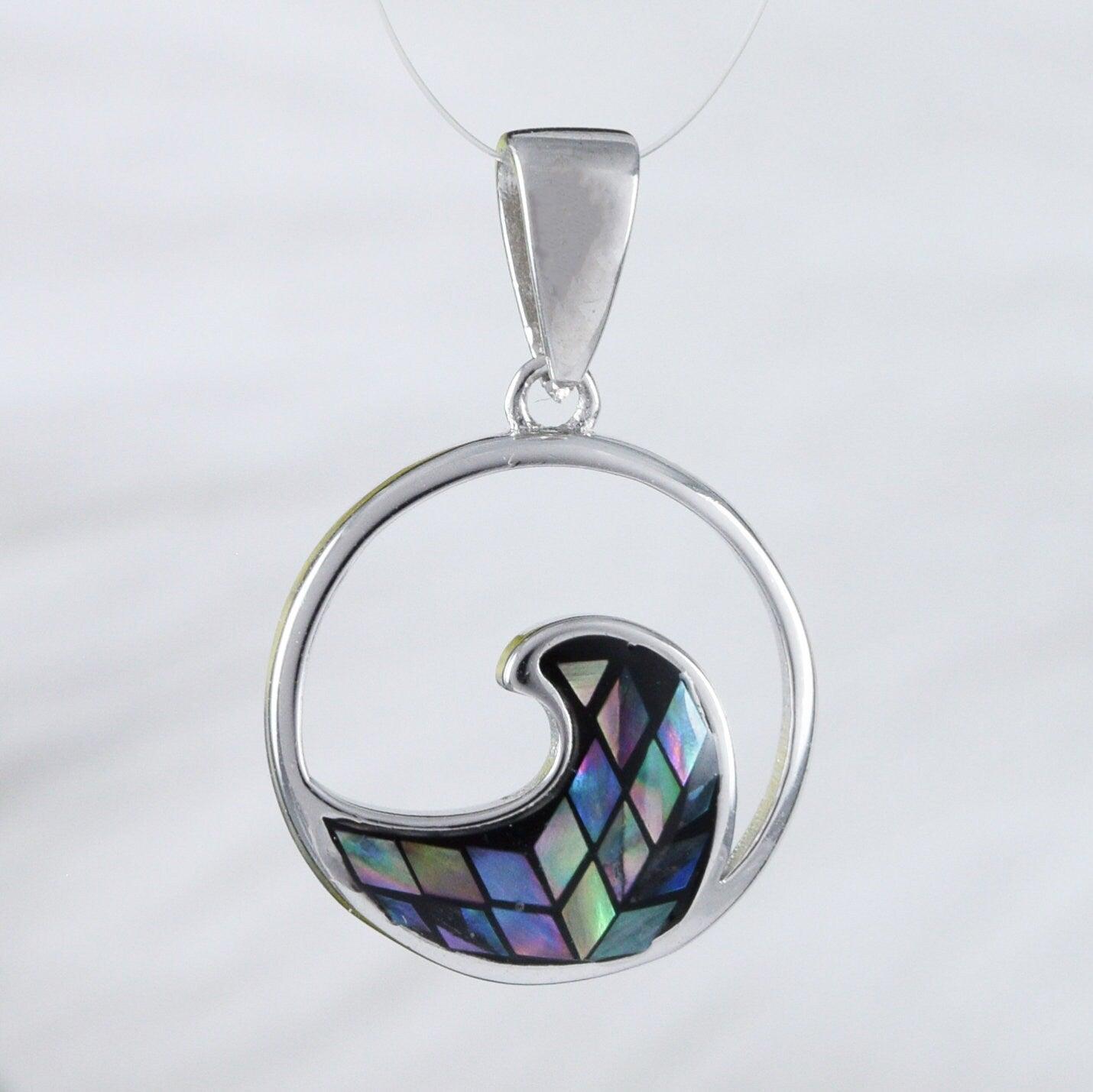 Unique Hawaiian Genuine Paua Shell Ocean Wave Necklace, Sterling Silver Ocean Wave Pendant, N9163 Birthday Valentine Wife Mom Gift - Hawaii Treasures Shop