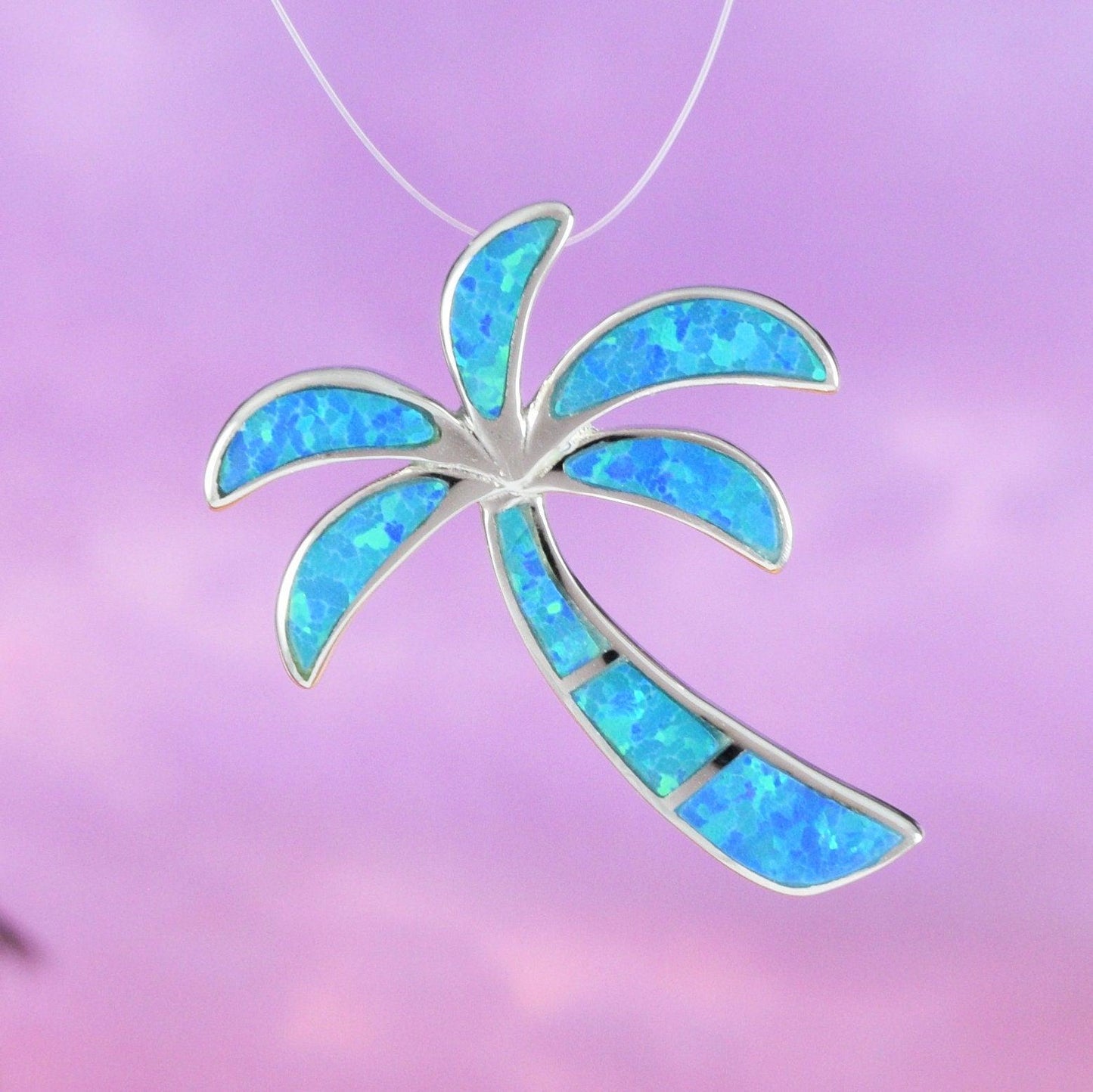 Gorgeous Hawaiian Large Blue Opal Palm Tree Necklace, Sterling Silver Blue Opal Palm Tree Pendant, N6015 Birthday Wife Mom Gift - Hawaii Treasures Shop