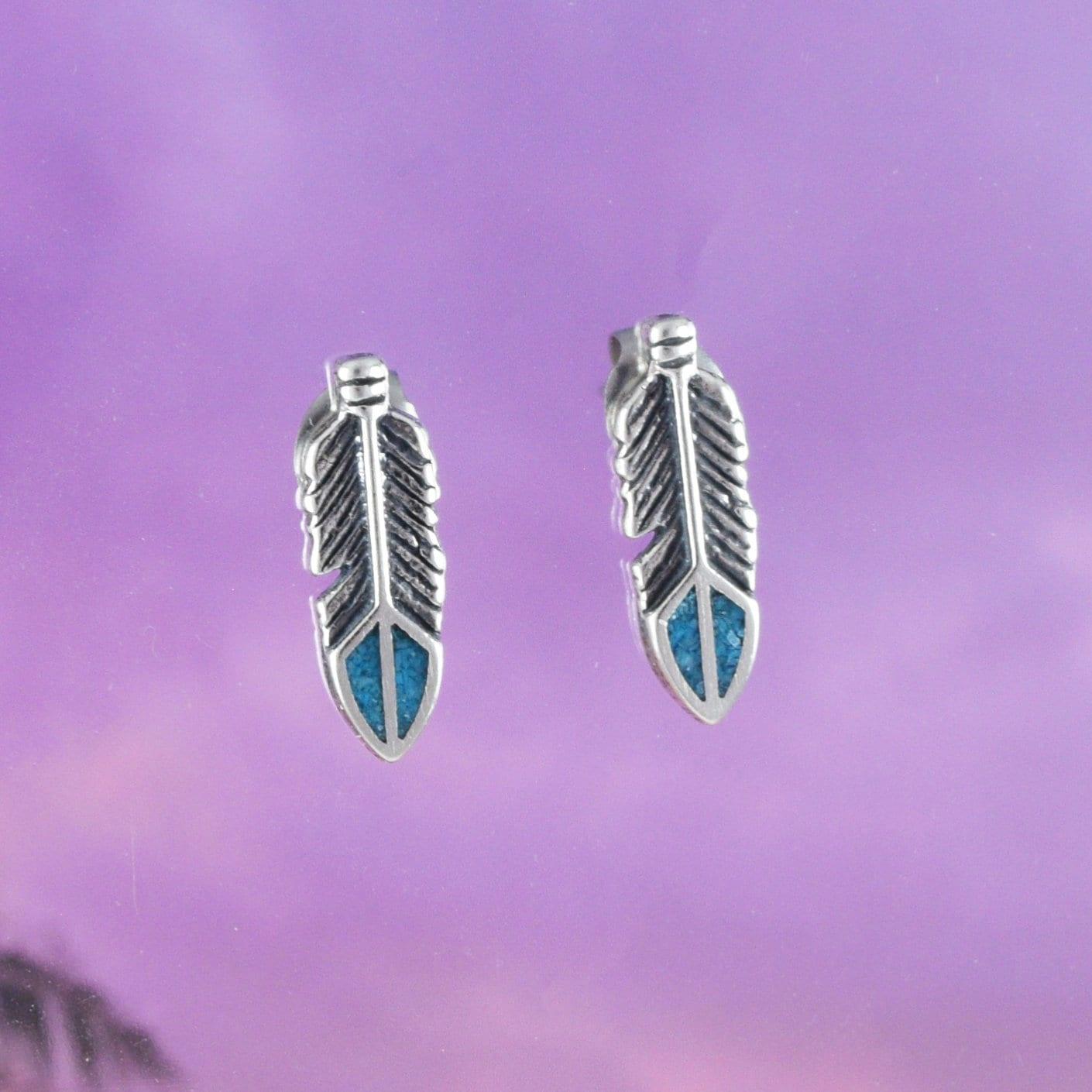 Unique Hawaiian Genuine Turquoise Feather Earring, Sterling Silver Feather Stud Earring, E8398 Birthday Wife Mom Girl Mother Gift - Hawaii Treasures Shop