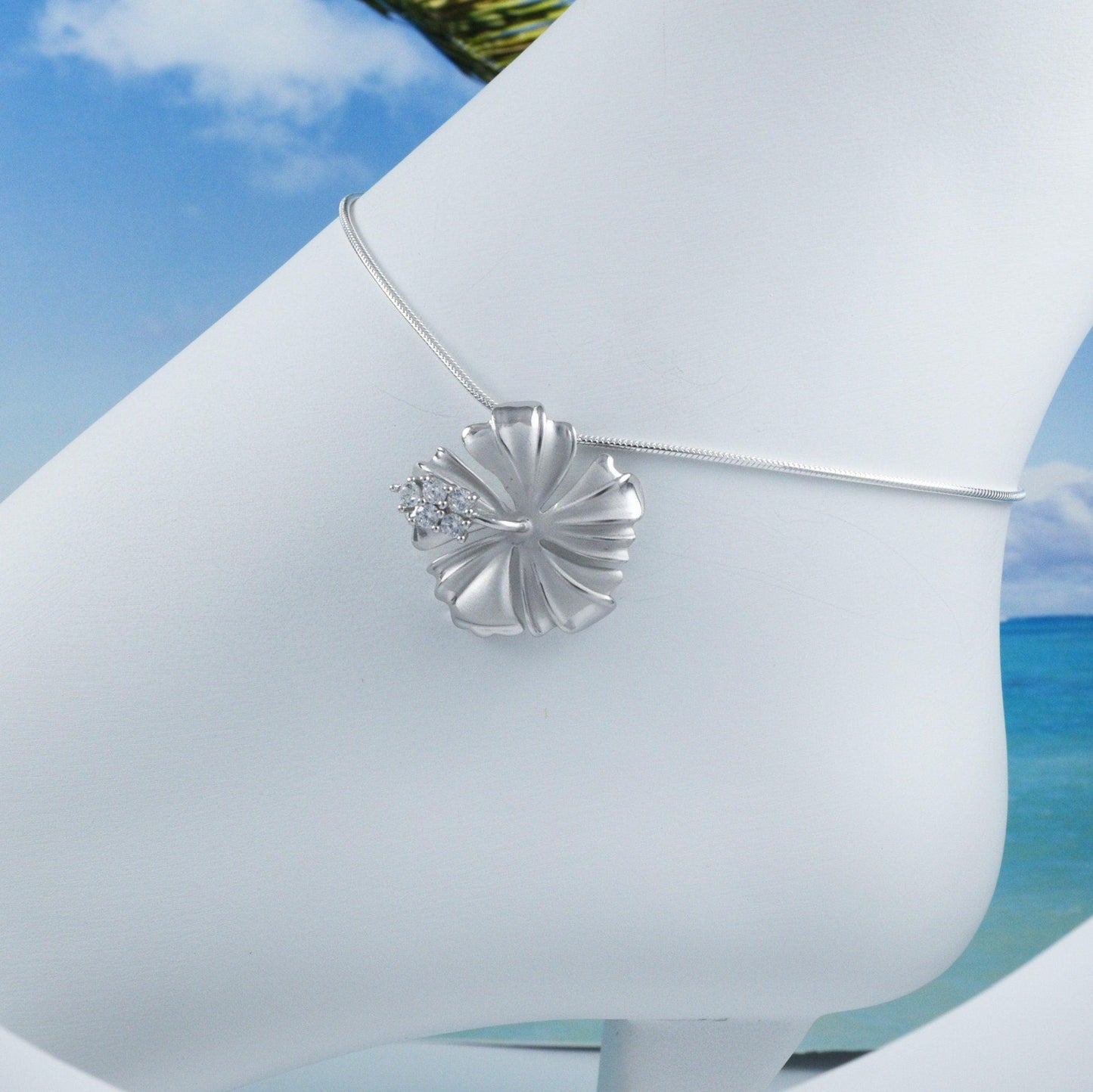 Beautiful Hawaiian Large Hibiscus Anklet or Bracelet, Official Hawaii State Flower, Sterling Silver Hibiscus CZ Charm Bracelet, A6134 - Hawaii Treasures Shop