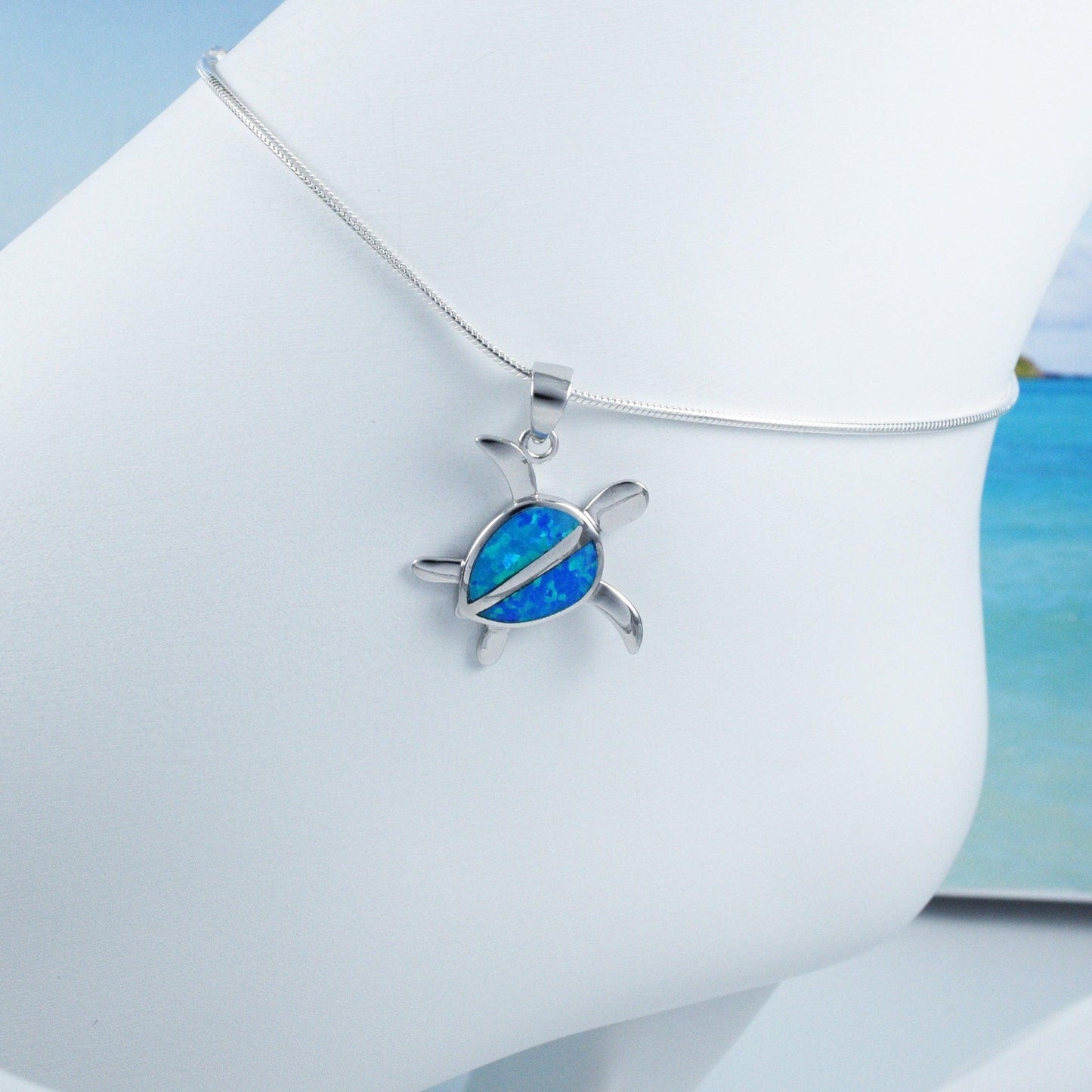 Beautiful Hawaiian Blue Opal Sea Turtle Anklet or Bracelet, Sterling Silver Blue Opal Turtle Charm Bracelet, A2027 Birthday Mom Gift - Hawaii Treasures Shop