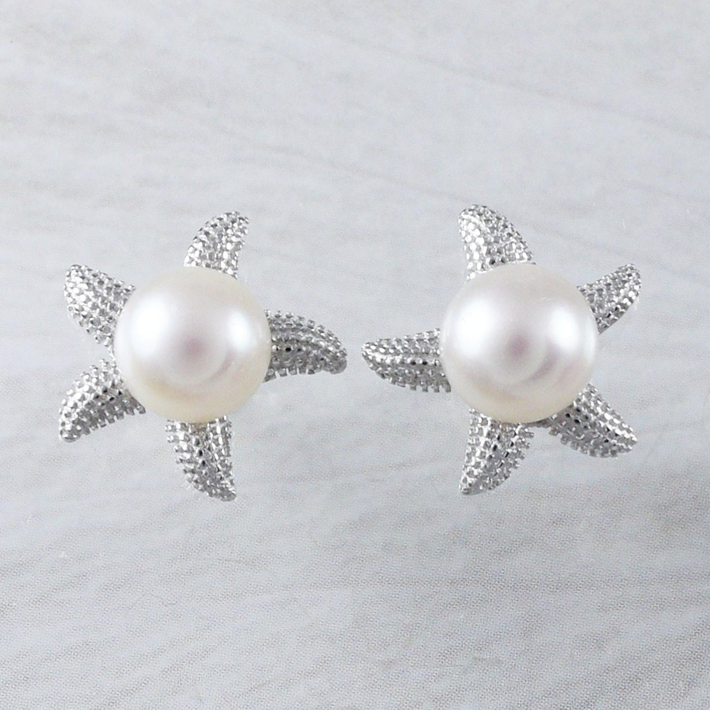 Unique Beautiful Hawaiian Genuine White Pearl Starfish Earring, Sterling Silver Starfish Stud Earring, E9353 Birthday Mom Gift - Hawaii Treasures Shop