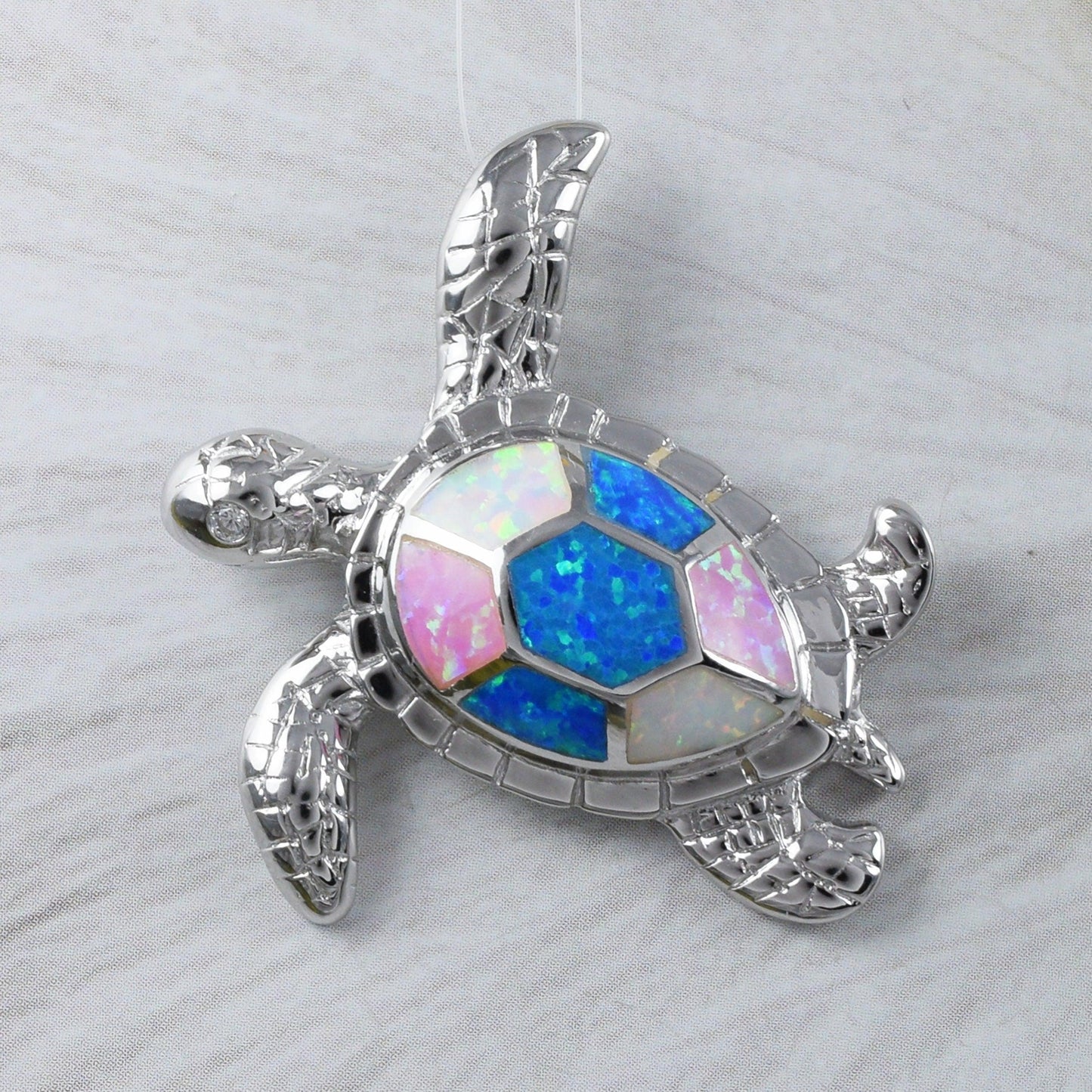 Unique Gorgeous X-Large Hawaiian Tri-color Opal Sea Turtle Necklace, Sterling Silver Blue White Pink Opal Turtle Pendant, N9302 Statement PC - Hawaii Treasures Shop