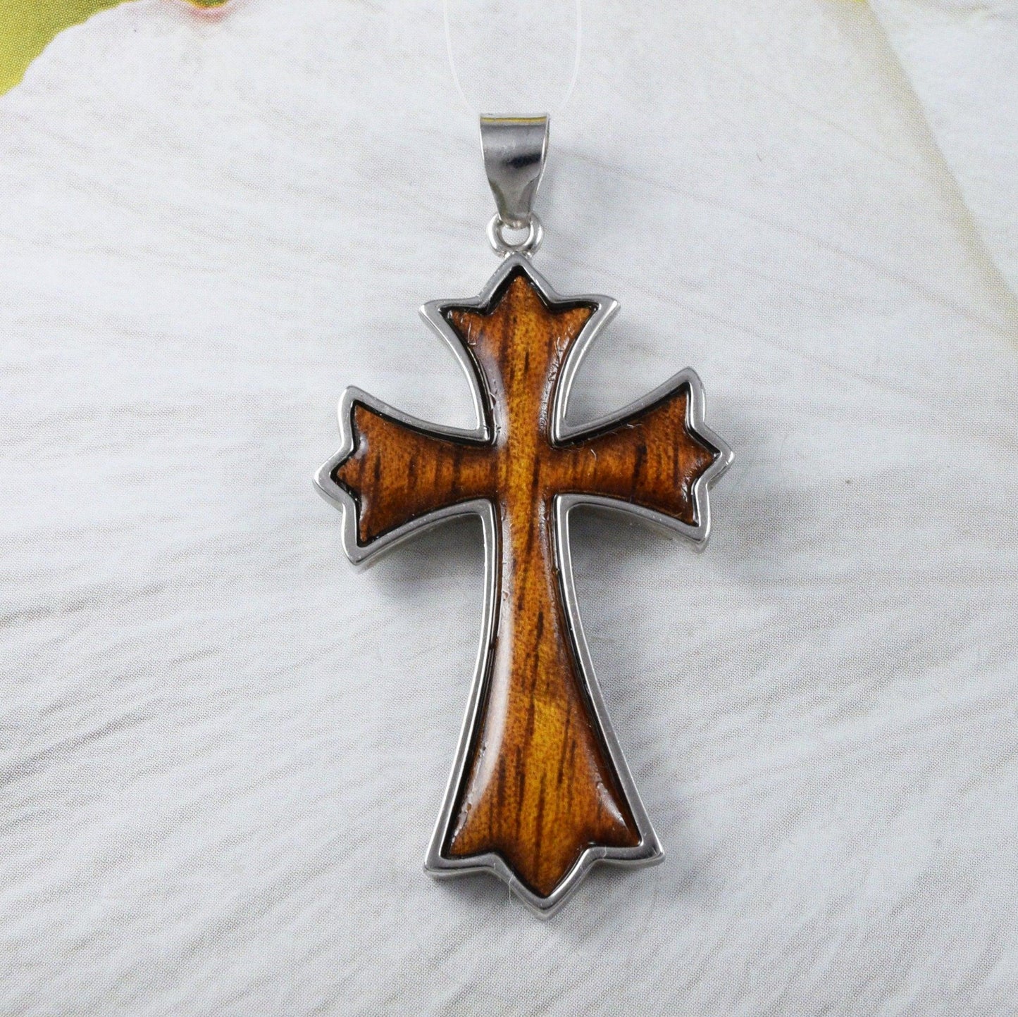Unique Gorgeous Hawaiian X-Large Genuine Koa Wood Cross Necklace, Sterling Silver Cross Pendant, N9317 Birthday Mother Gift, Statement PC - Hawaii Treasures Shop