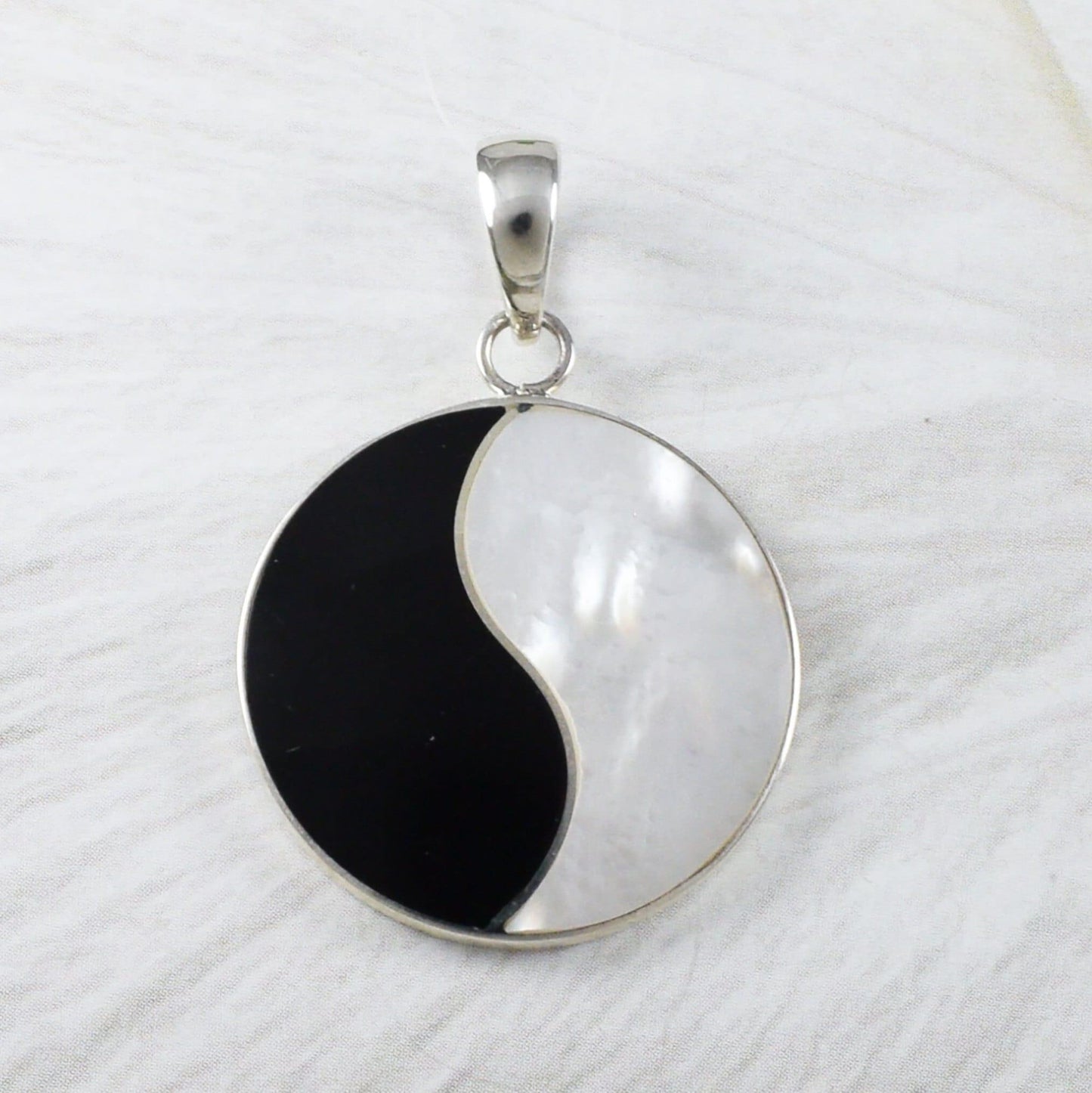Unique Hawaiian Mother of Pearl Yin Yang Necklace, Sterling Silver Black & White MOP Yin-Yang Pendant, N9224 Birthday Mom Gift, Statement PC - Hawaii Treasures Shop