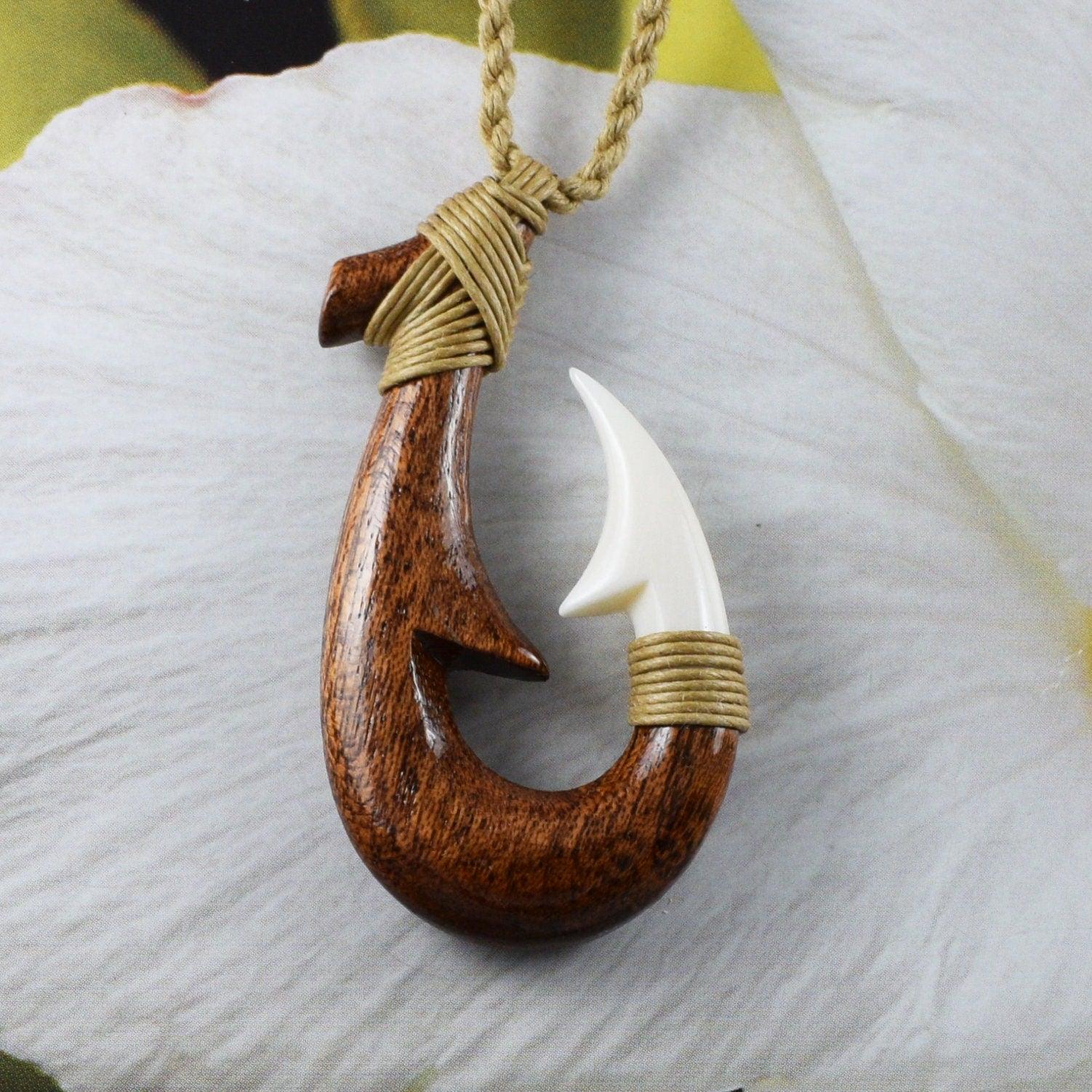 Unique Hawaiian Large Genuine Koa Wood Fish Hook Necklace, Hand Carved Unique Hawaiian Large Genuine Koa Wood Fish Hook Necklace, Hand Carved
