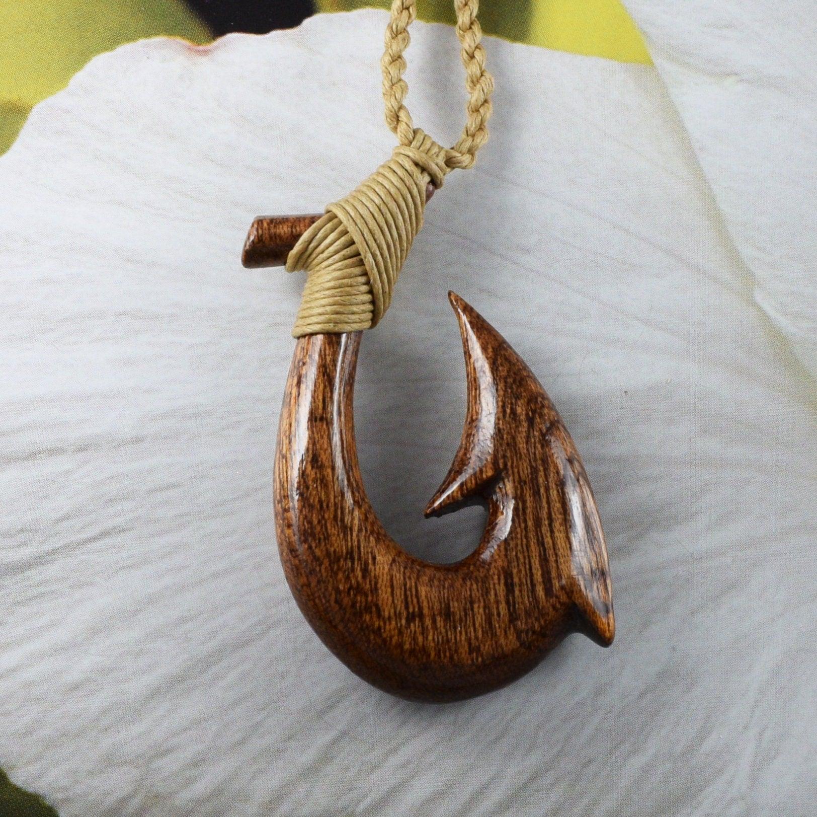Unique Beautiful Hawaiian Large Genuine Koa Wood Fish Hook Necklace, Hand Carved Koa Wood Fish Hook Necklace, N9420 Birthday Mother Gift