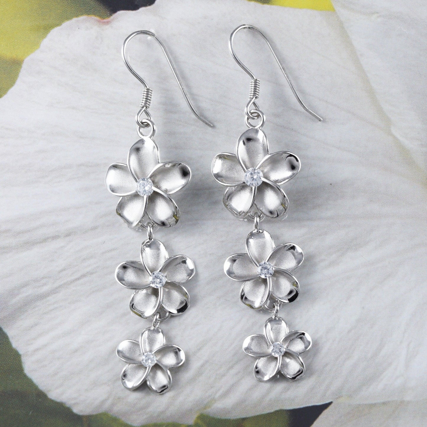 Gorgeous Hawaiian XX-Large 3 Plumeria Earring, Past Present & Future Sterling Silver 3 Plumeria Flower CZ Dangle Earring E6138 Birthday Gift - Hawaii Treasures Shop