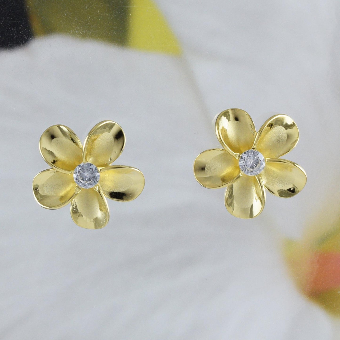 Beautiful Hawaiian Plumeria Earring, Sterling Silver Yellow-Gold Plated Plumeria Flower CZ Stud Earring, E8892 Birthday Mom Mother Gift - Hawaii Treasures Shop