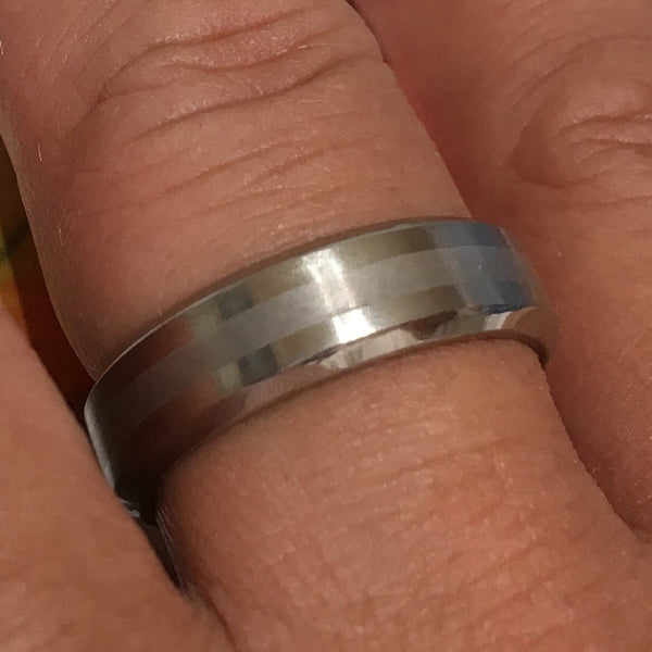 Beautiful Hawaiian Titanium Silver Inlay Matte Finish Band Ring, Made In Germany, R1254 Anniversary Birthday Valentine Gift