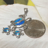 Gorgeous X-Large Mom & 2 Baby Turtle Necklace, Sterling Silver Hawaiian Blue Opal Sea Turtle Family Pendant, N6169 Birthday Valentine Gift