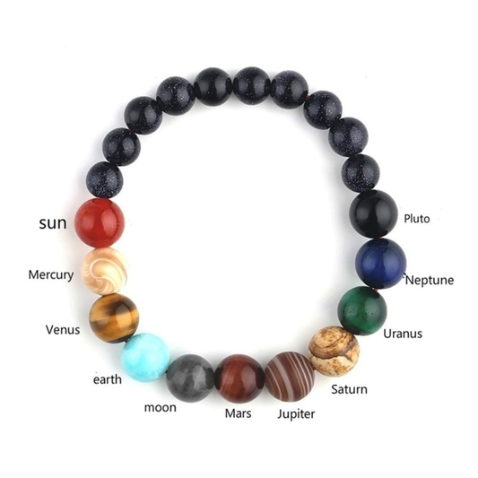 Universe Color Genuine Gemstone Bracelet, Sun, 7 planets, Pluto, Round Beads Stretchable Bracelet, B3358