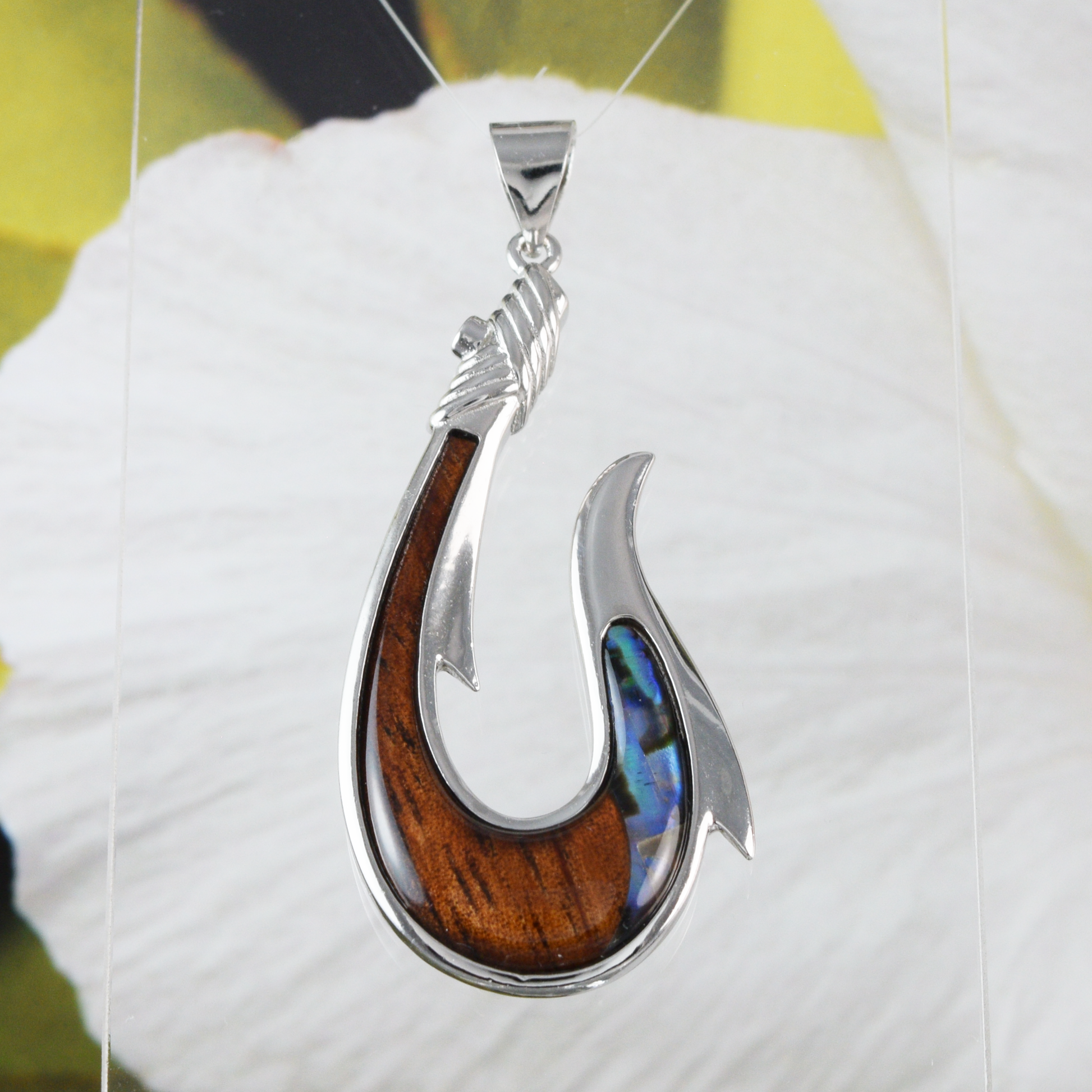 Genuine X-Large Koa Wood Abalone Fish Hook Pendant Necklace in Sterling Silver, N9484 Hawaii Treasures Shop 16 Genuine X-Large Koa Wood Abalone Fish Hook Pendant Necklace in Sterling Silver, N9484 Hawaii Treasures Shop 16