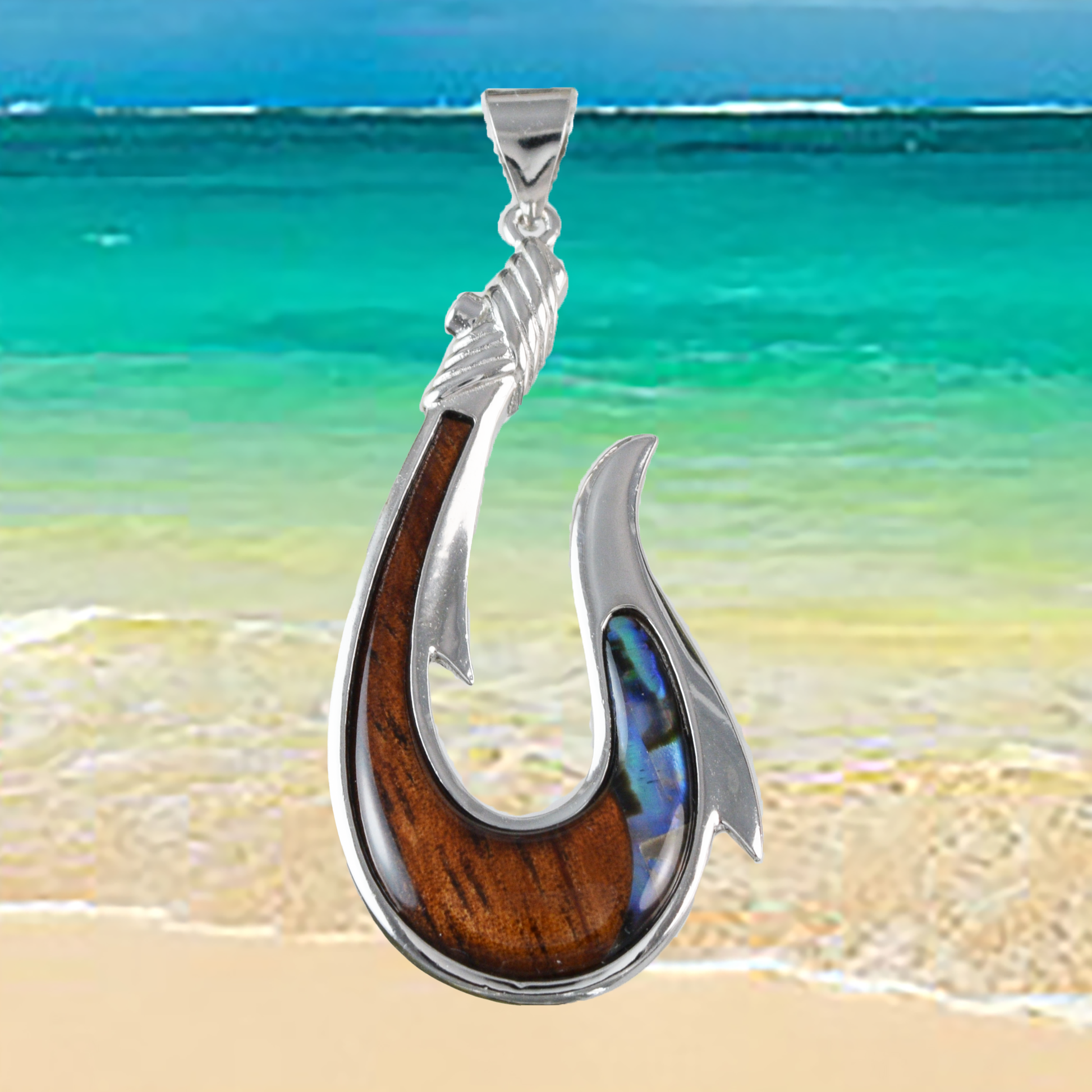 Genuine X-Large Koa Wood Abalone Fish Hook Pendant Necklace in Sterling Silver, N9484 Hawaii Treasures Shop 16 Genuine X-Large Koa Wood Abalone Fish Hook Pendant Necklace in Sterling Silver, N9484 Hawaii Treasures Shop 16