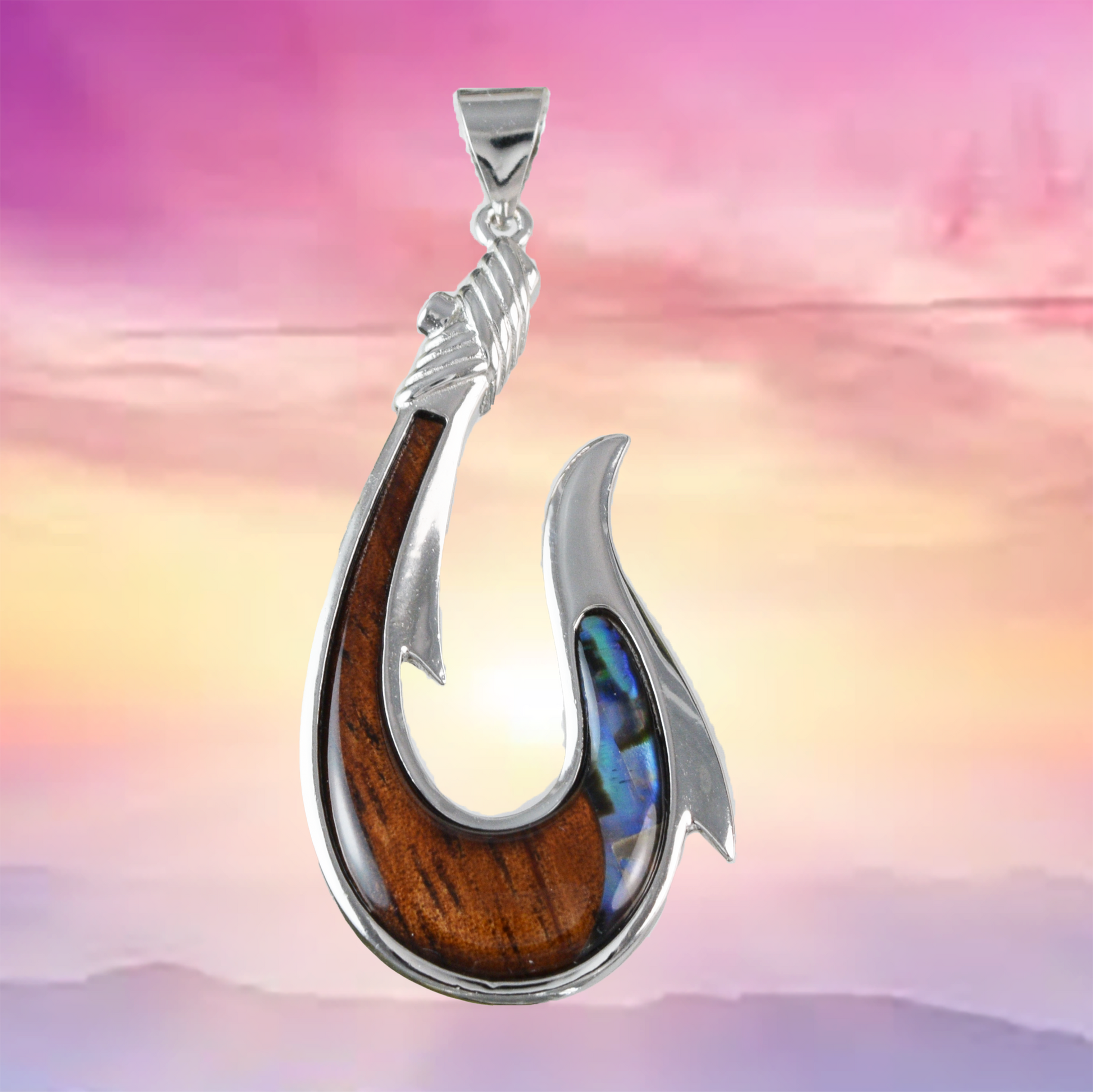 Genuine X-Large Koa Wood Abalone Fish Hook Pendant Necklace in Sterling Silver, N9484 Hawaii Treasures Shop 16 Genuine X-Large Koa Wood Abalone Fish Hook Pendant Necklace in Sterling Silver, N9484 Hawaii Treasures Shop 16