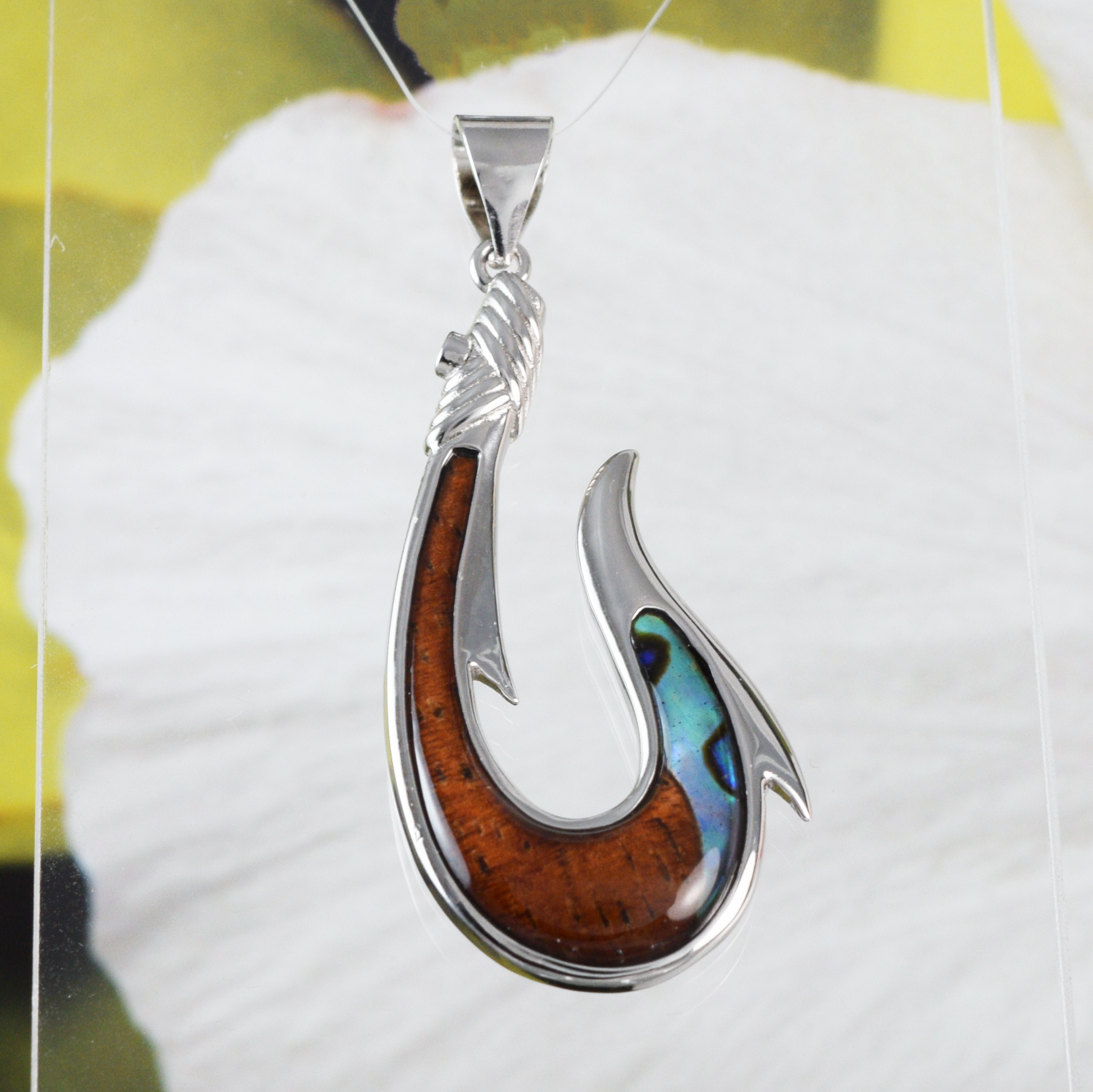 Genuine Large Koa Wood Abalone Fish Hook Pendant Necklace in Sterling Silver, N9483 Hawaii Treasures Shop 16