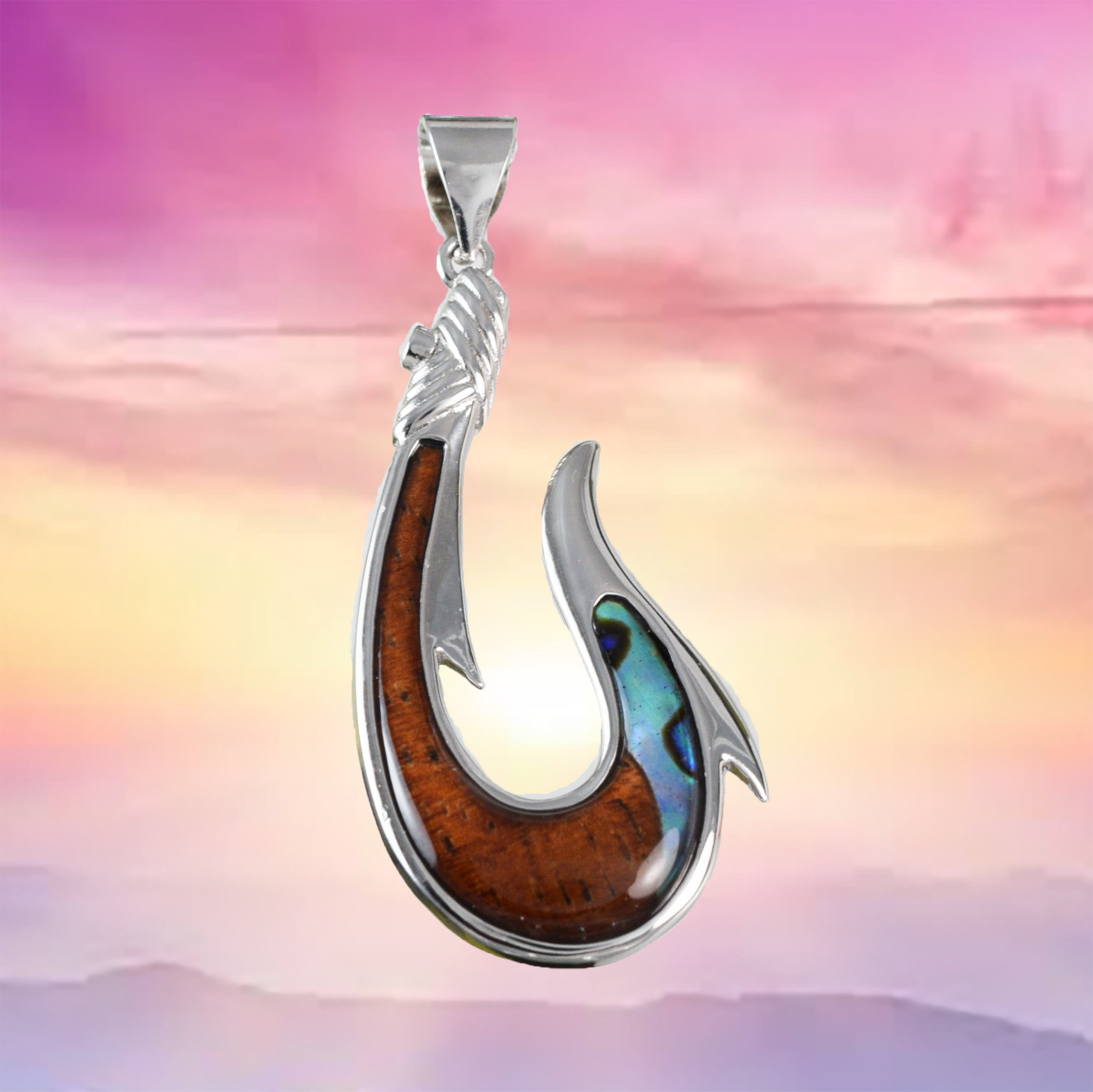 Genuine Large Koa Wood Abalone Fish Hook Pendant Necklace in Sterling – Hawaii Treasures Shop