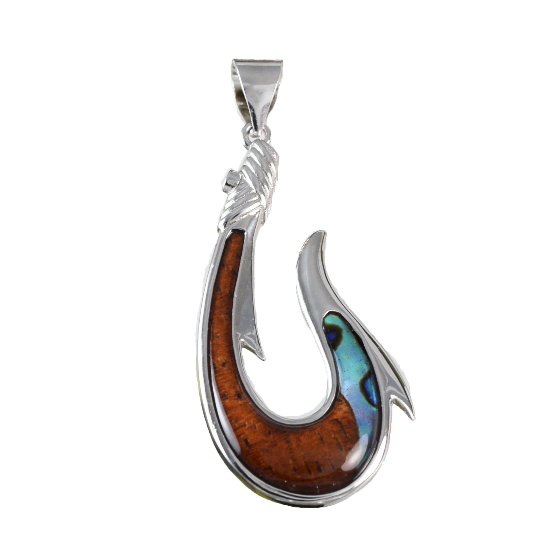 Genuine Large Koa Wood Abalone Fish Hook Pendant Necklace in Sterling Hawaii Treasures Shop Genuine Large Koa Wood Abalone Fish Hook Pendant Necklace in Sterling Hawaii Treasures Shop