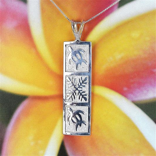 Unique Hawaiian Heirloom Sea Turtle Maile Leaf Necklace, Sterling Silver Sea Turtle Maile Leaf Quilt Barrel Pendant, N2479 Birthday Mom Gift - Hawaii Treasures Shop