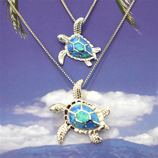 Mother Daughter Hawaiian Sea Turtle Matching Necklace, Sterling Silver Blue Opal Turtle Pendant, N7031 Mom Wife Gift, Big Little Sister - Hawaii Treasures Shop